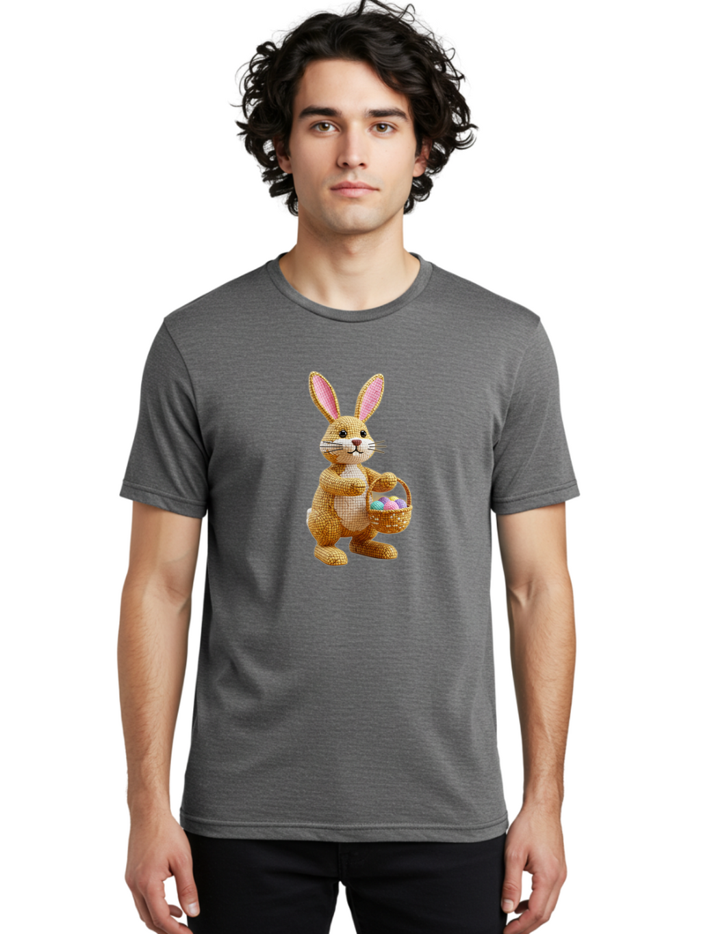 Wicker-Easter-Bunny Men'S Graphic Tee, 100% Cotton, Comfortable Casual Summer Wear, Machine Washable, Wicker Bunny, Holding Basket, Easter Eggs, Spring Holiday, Pastel Colors, Whimsical Design, Wicker Texture, Easter Basket, Cute Bunny, Bab586