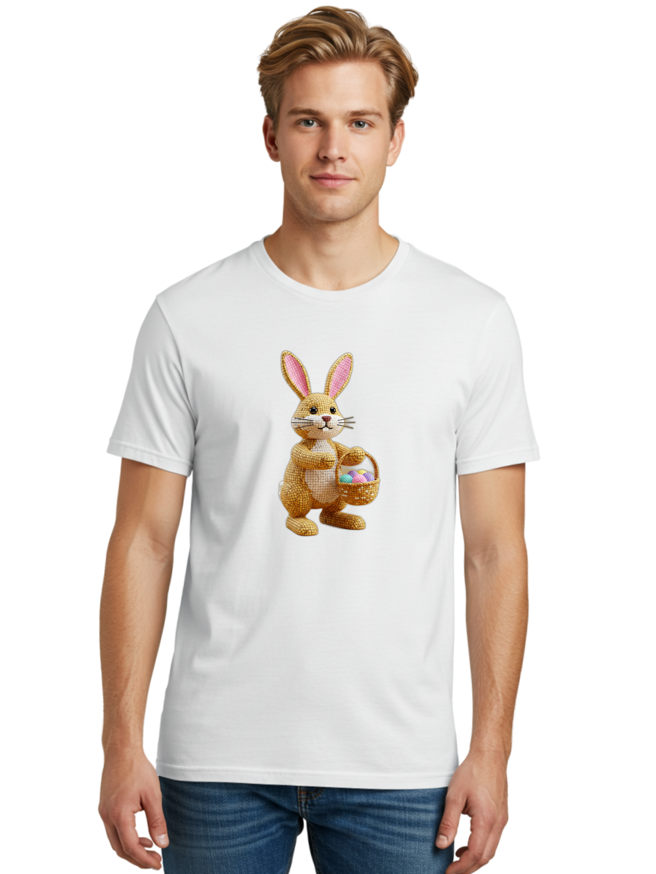 Wicker-Easter-Bunny Men'S Graphic Tee, 100% Cotton, Comfortable Casual Summer Wear, Machine Washable, Wicker Bunny, Holding Basket, Easter Eggs, Spring Holiday, Pastel Colors, Whimsical Design, Wicker Texture, Easter Basket, Cute Bunny, Bab586