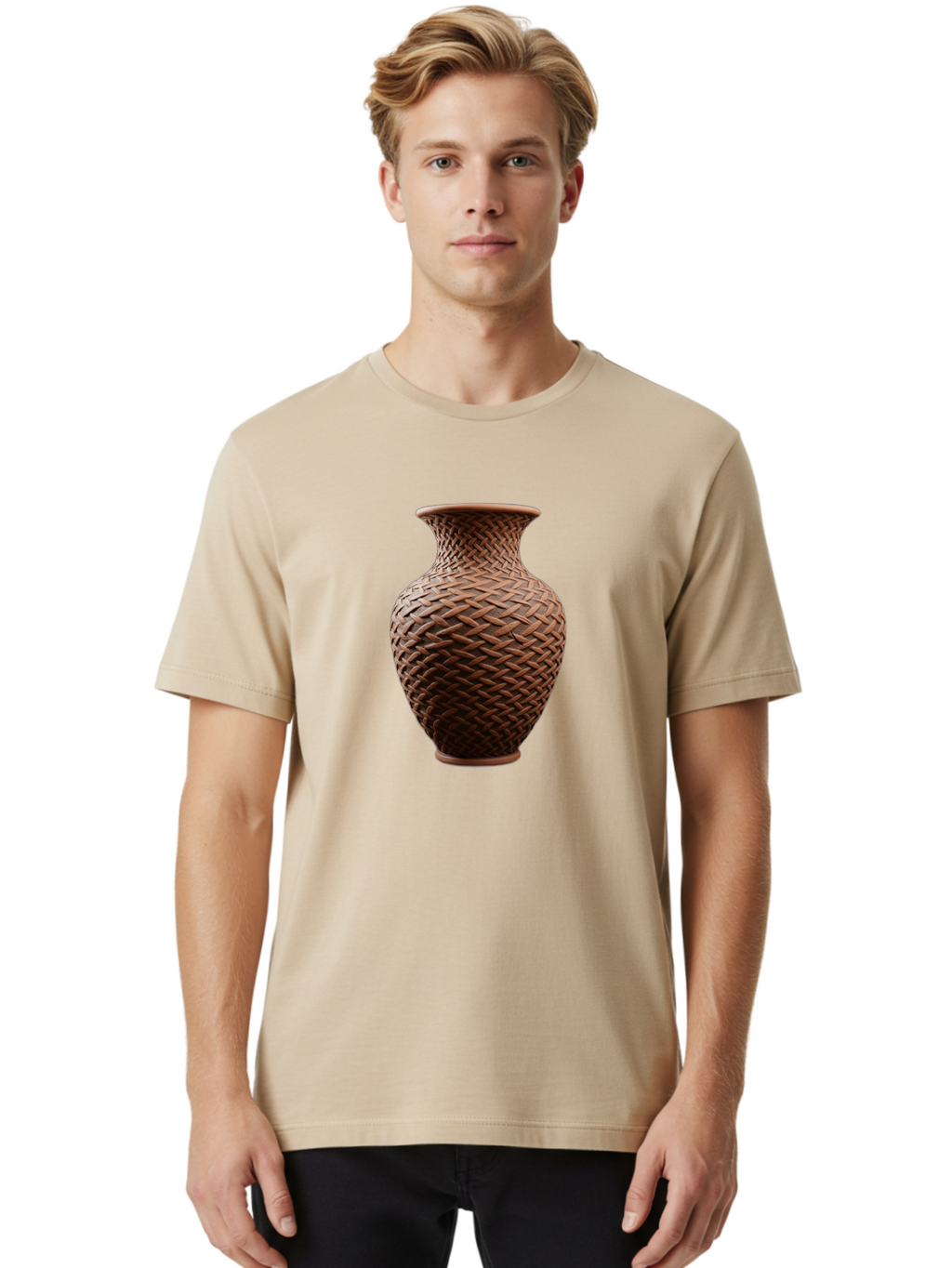 Wicker-Vase Men'S Graphic Tee, 100% Cotton, Comfortable Casual Summer Wear, Machine Washable, Woven Vase, Terracotta Pot, Earthy Tones, Woven Design, Traditional Craftsmanship, Handmade Pottery, Bohemian Decor, Rustic Charm, Home Decor Bab587
