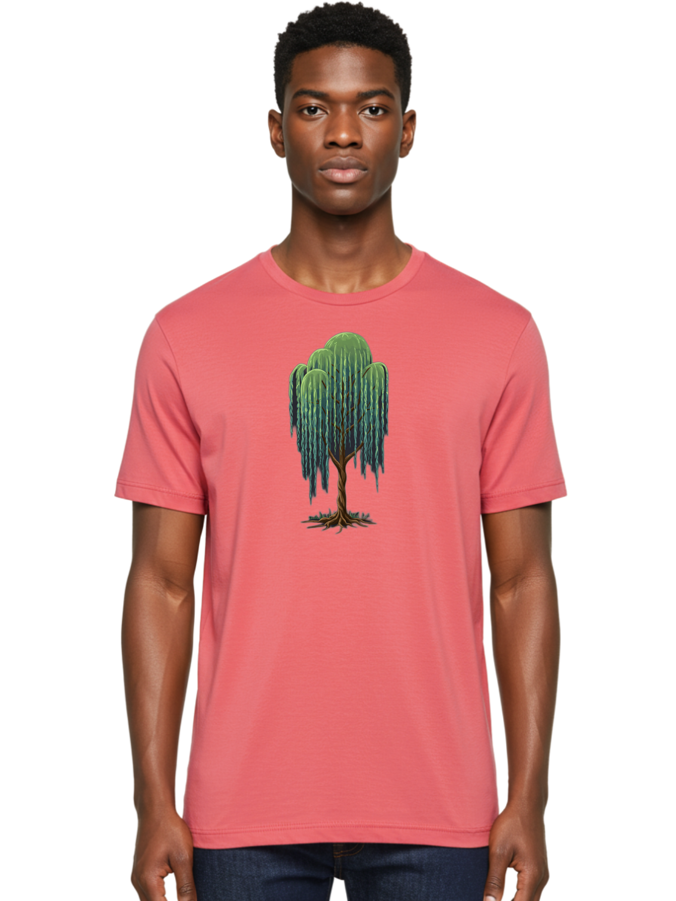 Willow-Tree Men'S Graphic Tee, 100% Cotton, Comfortable Casual Summer Wear, Machine Washable, Weeping Willow Tree, Twisted Trunk, Drooping Branches, Lush Foliage, Serene Landscape, Natural Scenery, Tree Roots Bab588