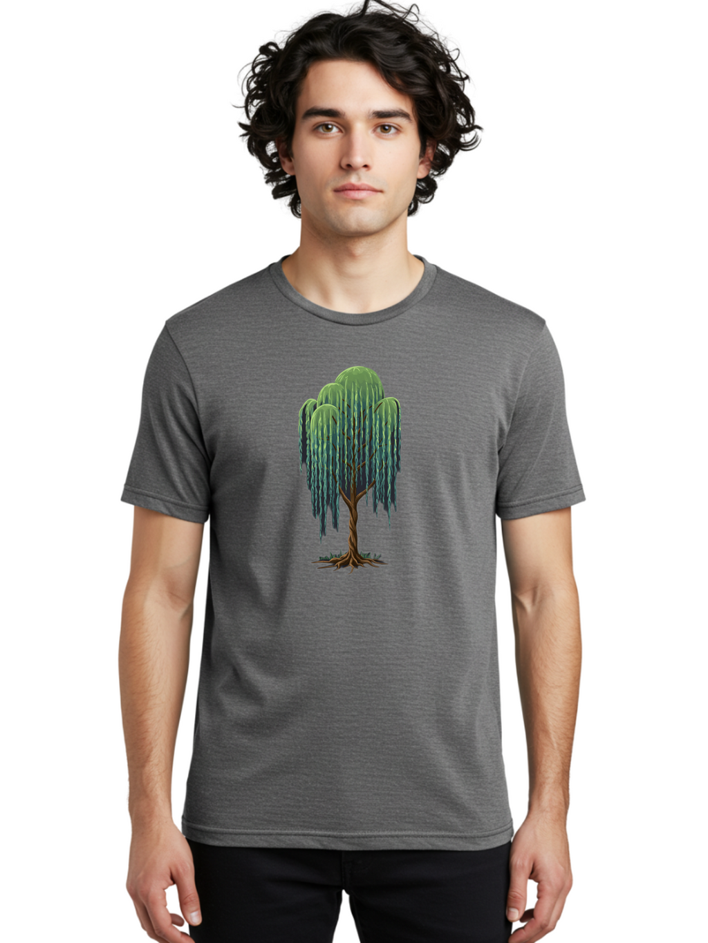 Willow-Tree Men'S Graphic Tee, 100% Cotton, Comfortable Casual Summer Wear, Machine Washable, Weeping Willow Tree, Twisted Trunk, Drooping Branches, Lush Foliage, Serene Landscape, Natural Scenery, Tree Roots Bab588