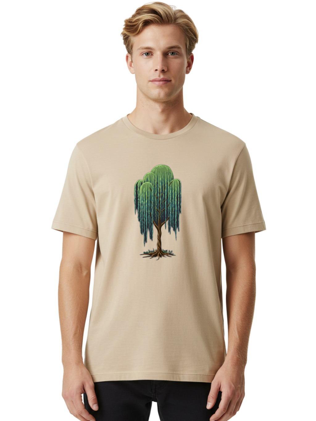 Willow-Tree Men'S Graphic Tee, 100% Cotton, Comfortable Casual Summer Wear, Machine Washable, Weeping Willow Tree, Twisted Trunk, Drooping Branches, Lush Foliage, Serene Landscape, Natural Scenery, Tree Roots Bab588