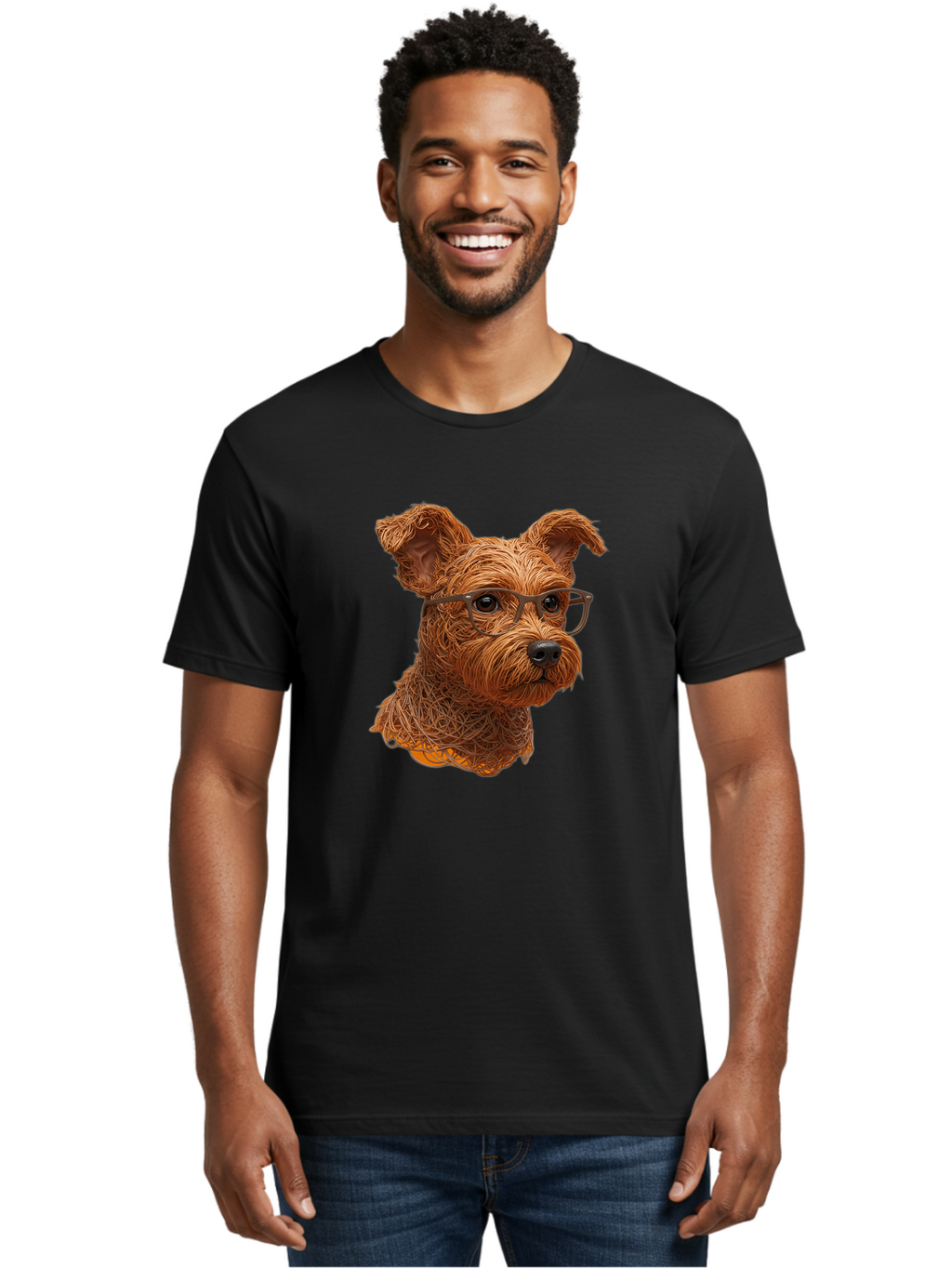 Wire-Dog-With-Glasses Men'S Graphic Tee, 100% Cotton, Comfortable Casual Summer Wear, Machine Washable, Dog Wearing Glasses, Wire Art Dog, Animal Portrait, Dog Portrait, Pet Illustration, Wire Sculpture, Creative Dog Art, Dog With Glasses, Bab589