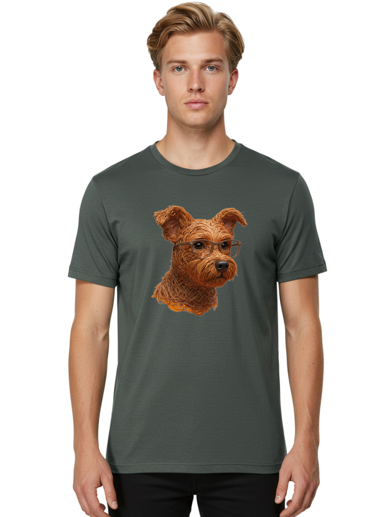 Wire-Dog-With-Glasses Men'S Graphic Tee, 100% Cotton, Comfortable Casual Summer Wear, Machine Washable, Dog Wearing Glasses, Wire Art Dog, Animal Portrait, Dog Portrait, Pet Illustration, Wire Sculpture, Creative Dog Art, Dog With Glasses, Bab589