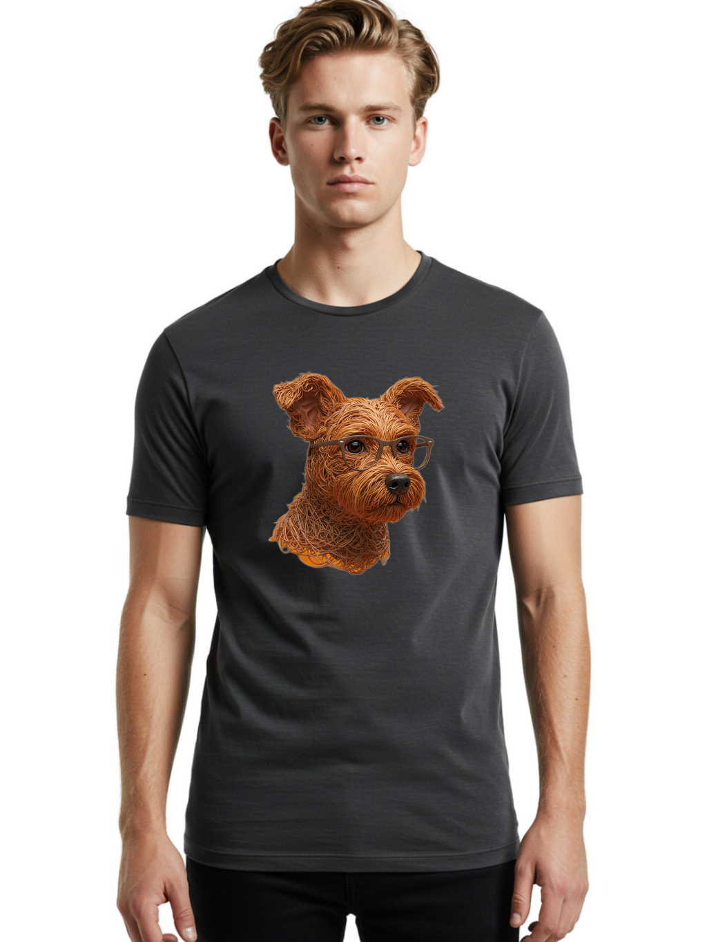 Wire-Dog-With-Glasses Men'S Graphic Tee, 100% Cotton, Comfortable Casual Summer Wear, Machine Washable, Dog Wearing Glasses, Wire Art Dog, Animal Portrait, Dog Portrait, Pet Illustration, Wire Sculpture, Creative Dog Art, Dog With Glasses, Bab589