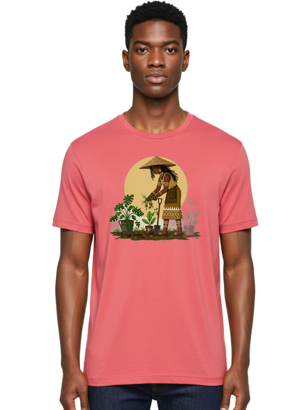 Woman-Gardening-1 Men'S Graphic Tee, 100% Cotton, Comfortable Casual Summer Wear, Machine Washable, Woman Gardening, Harvesting Plants, Traditional Clothing, Conical Hat, Farming Activities, Cultural Heritage, Rural Lifestyle, Green Plants, Bab590