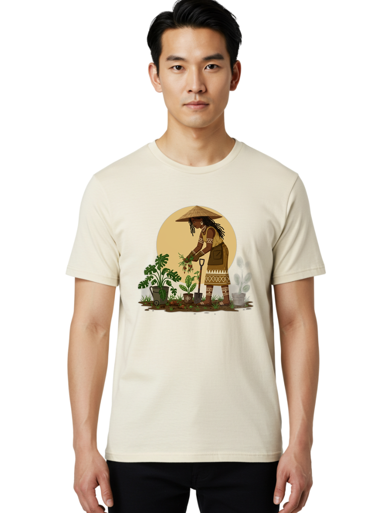 Woman-Gardening-1 Men'S Graphic Tee, 100% Cotton, Comfortable Casual Summer Wear, Machine Washable, Woman Gardening, Harvesting Plants, Traditional Clothing, Conical Hat, Farming Activities, Cultural Heritage, Rural Lifestyle, Green Plants, Bab590