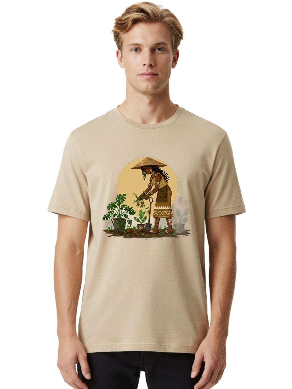 Woman-Gardening-1 Men'S Graphic Tee, 100% Cotton, Comfortable Casual Summer Wear, Machine Washable, Woman Gardening, Harvesting Plants, Traditional Clothing, Conical Hat, Farming Activities, Cultural Heritage, Rural Lifestyle, Green Plants, Bab590