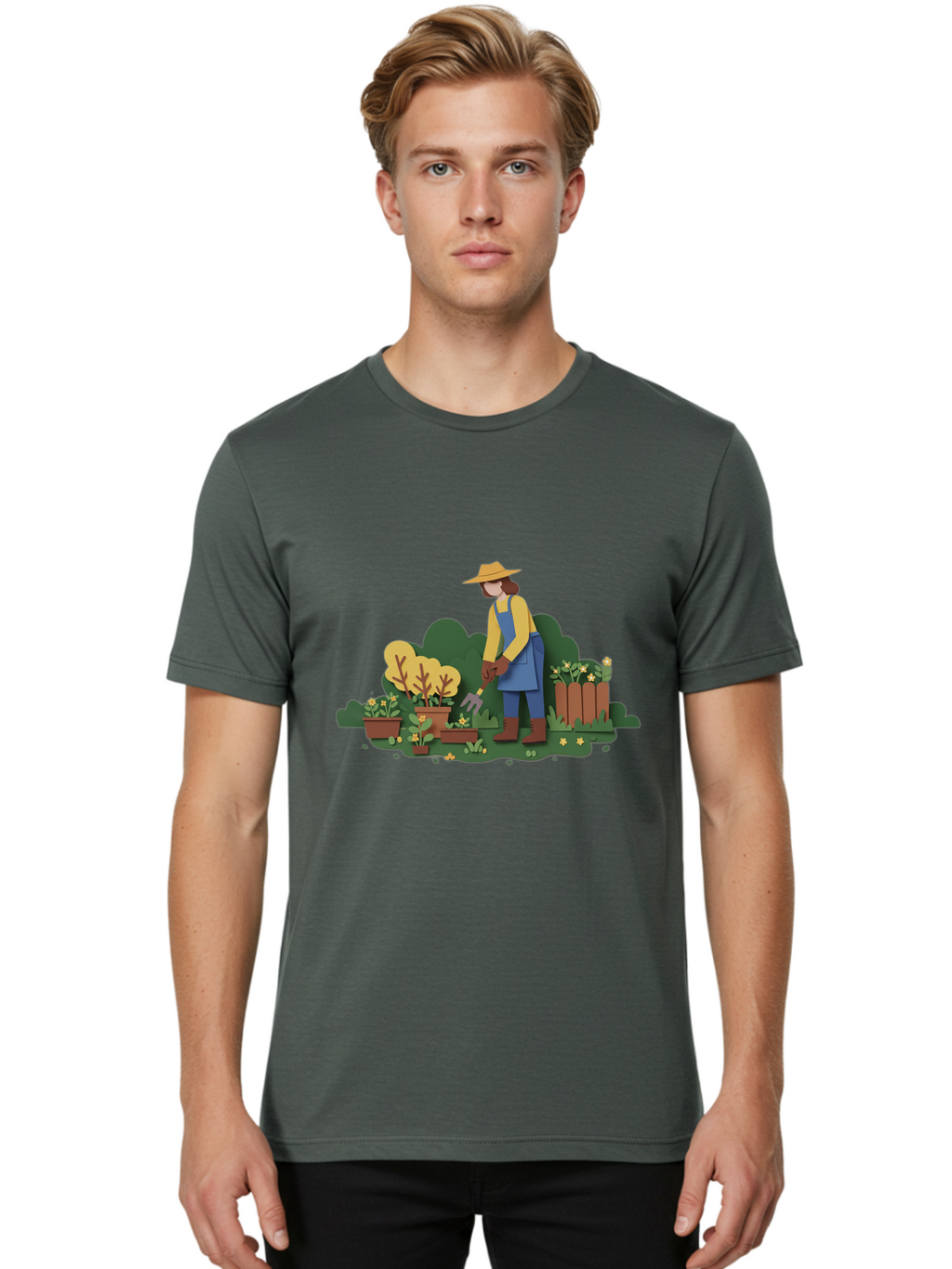 Woman-Gardening Men'S Graphic Tee, 100% Cotton, Comfortable Casual Summer Wear, Machine Washable, Gardener Tending Plants, Gardening Tools, Potted Plants, Gardening Activities, Yellow Flowers, Garden Scenery, Outdoor Work, Gardening Gloves Bab591