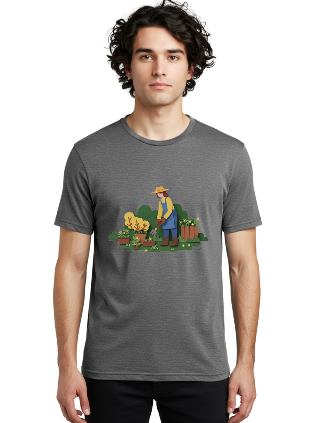 Woman-Gardening Men'S Graphic Tee, 100% Cotton, Comfortable Casual Summer Wear, Machine Washable, Gardener Tending Plants, Gardening Tools, Potted Plants, Gardening Activities, Yellow Flowers, Garden Scenery, Outdoor Work, Gardening Gloves Bab591