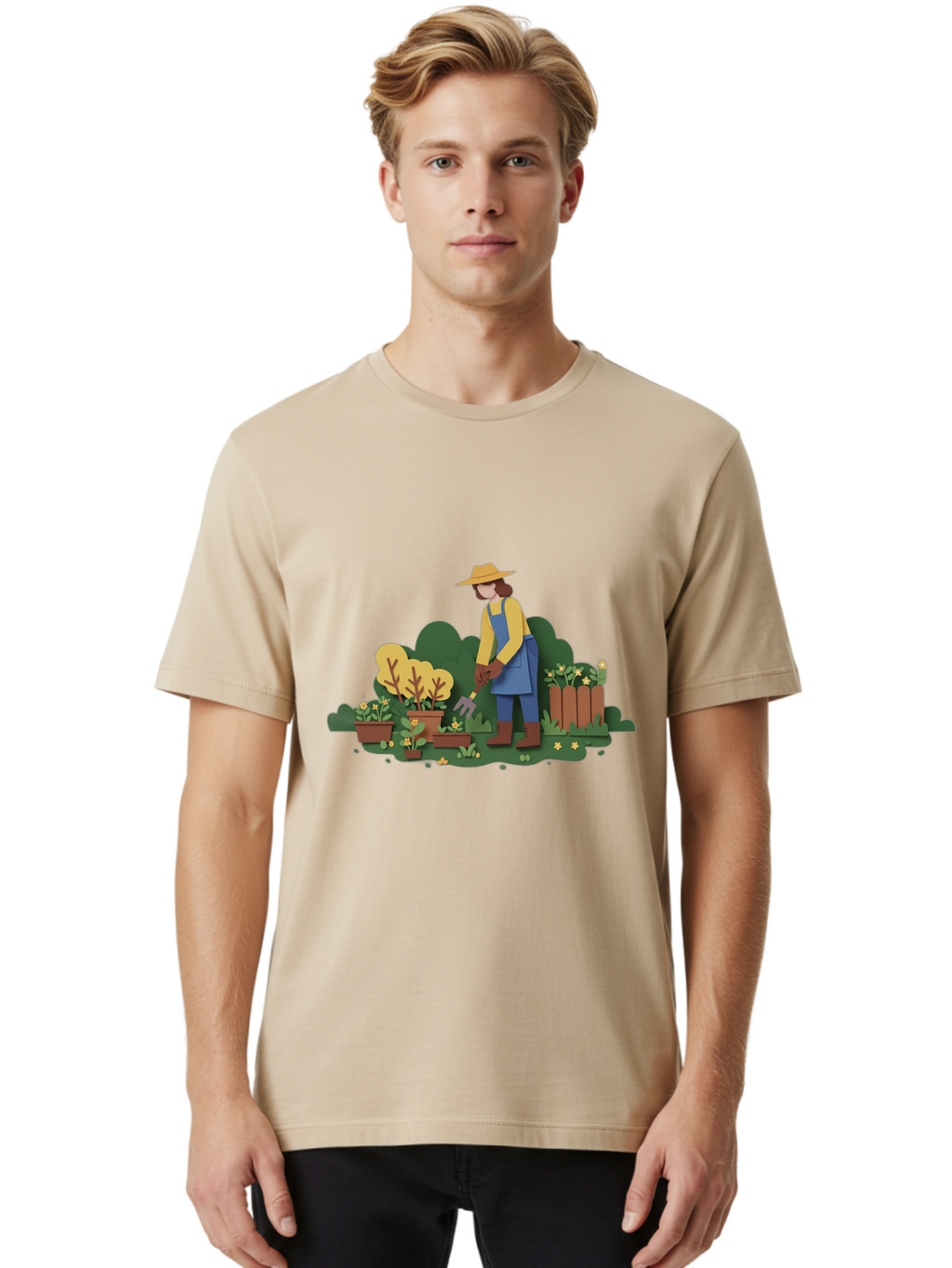 Woman-Gardening Men'S Graphic Tee, 100% Cotton, Comfortable Casual Summer Wear, Machine Washable, Gardener Tending Plants, Gardening Tools, Potted Plants, Gardening Activities, Yellow Flowers, Garden Scenery, Outdoor Work, Gardening Gloves Bab591