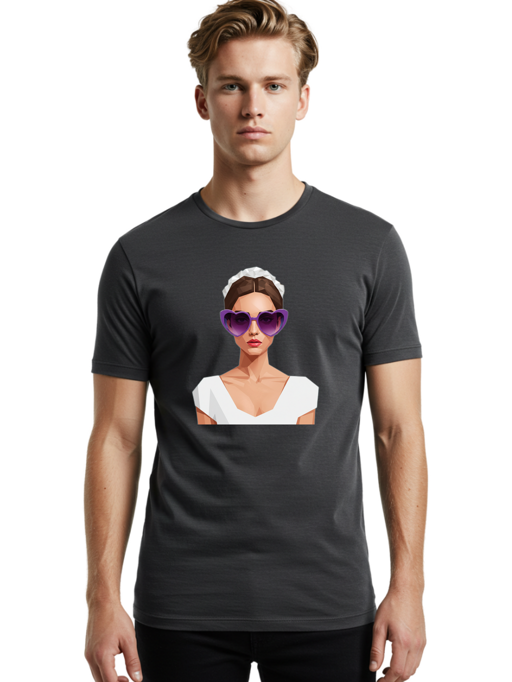Woman-In-Sunglasses Men'S Graphic Tee, 100% Cotton, Comfortable Casual Summer Wear, Machine Washable, Fashionable Woman, Stylish Sunglasses, Elegant White Dress, Sophisticated Look, Trendy Accessories, Modern Fashion, Purple Shades, Bab592