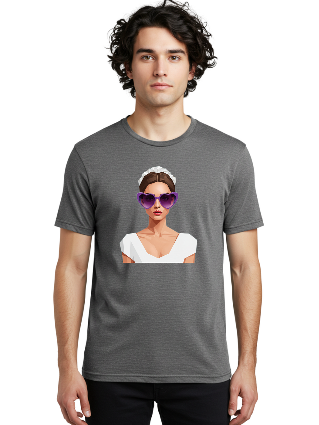 Woman-In-Sunglasses Men'S Graphic Tee, 100% Cotton, Comfortable Casual Summer Wear, Machine Washable, Fashionable Woman, Stylish Sunglasses, Elegant White Dress, Sophisticated Look, Trendy Accessories, Modern Fashion, Purple Shades, Bab592