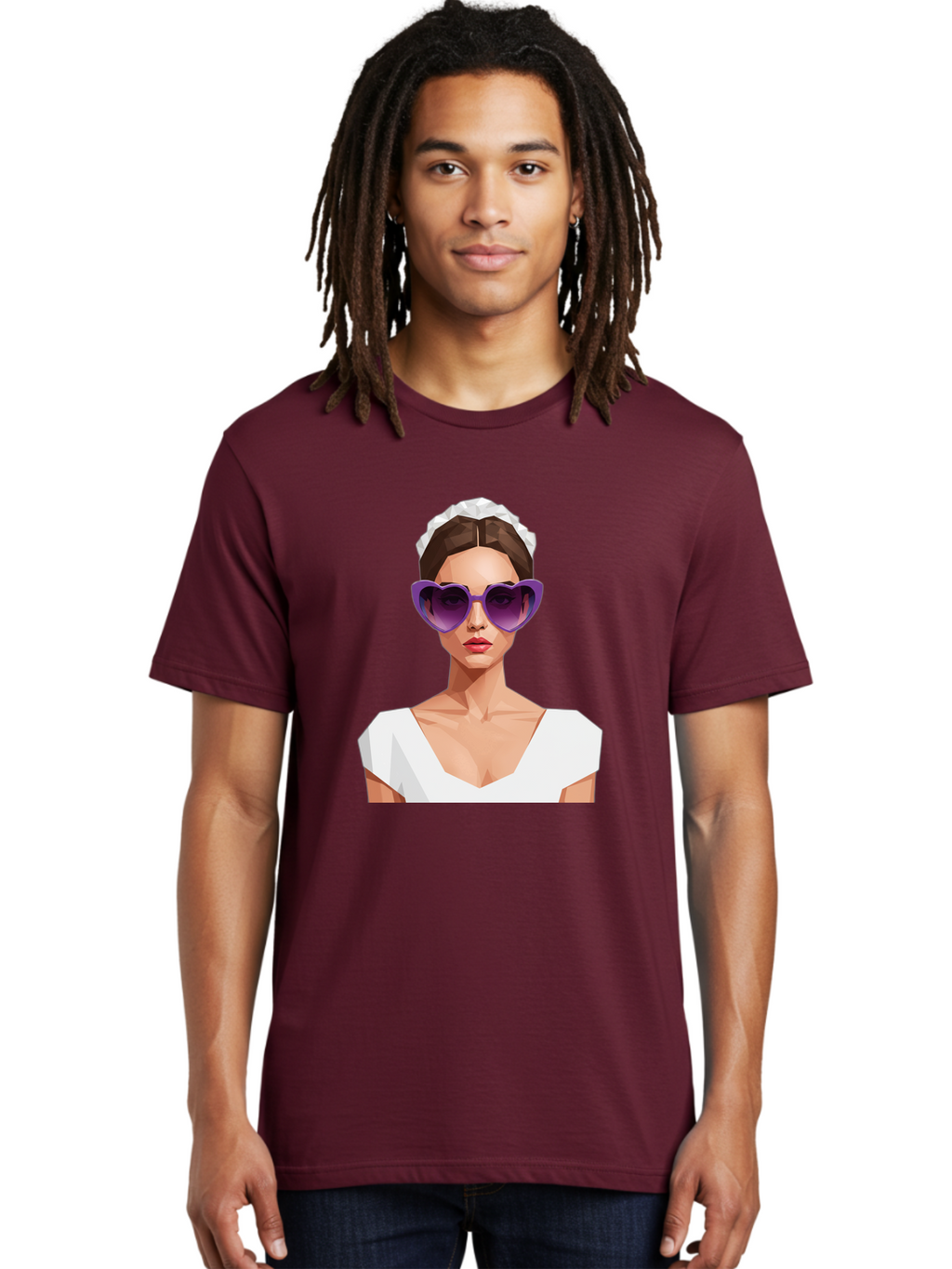 Woman-In-Sunglasses Men'S Graphic Tee, 100% Cotton, Comfortable Casual Summer Wear, Machine Washable, Fashionable Woman, Stylish Sunglasses, Elegant White Dress, Sophisticated Look, Trendy Accessories, Modern Fashion, Purple Shades, Bab592