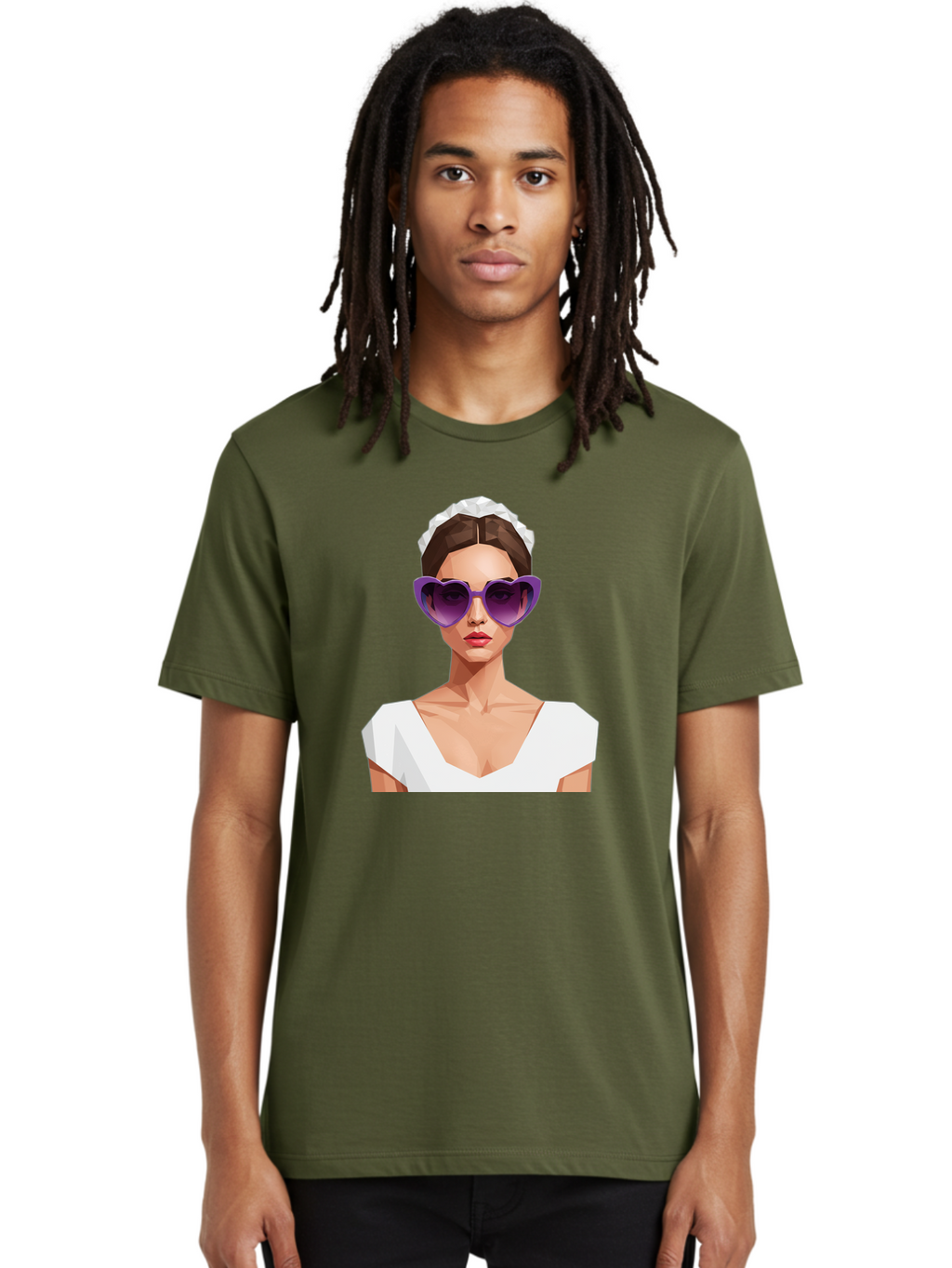 Woman-In-Sunglasses Men'S Graphic Tee, 100% Cotton, Comfortable Casual Summer Wear, Machine Washable, Fashionable Woman, Stylish Sunglasses, Elegant White Dress, Sophisticated Look, Trendy Accessories, Modern Fashion, Purple Shades, Bab592