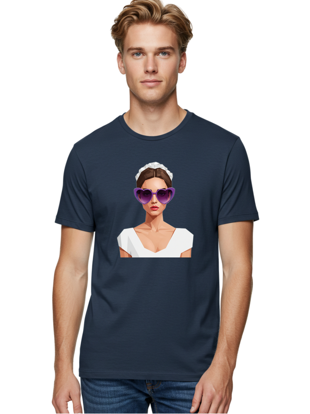 Woman-In-Sunglasses Men'S Graphic Tee, 100% Cotton, Comfortable Casual Summer Wear, Machine Washable, Fashionable Woman, Stylish Sunglasses, Elegant White Dress, Sophisticated Look, Trendy Accessories, Modern Fashion, Purple Shades, Bab592