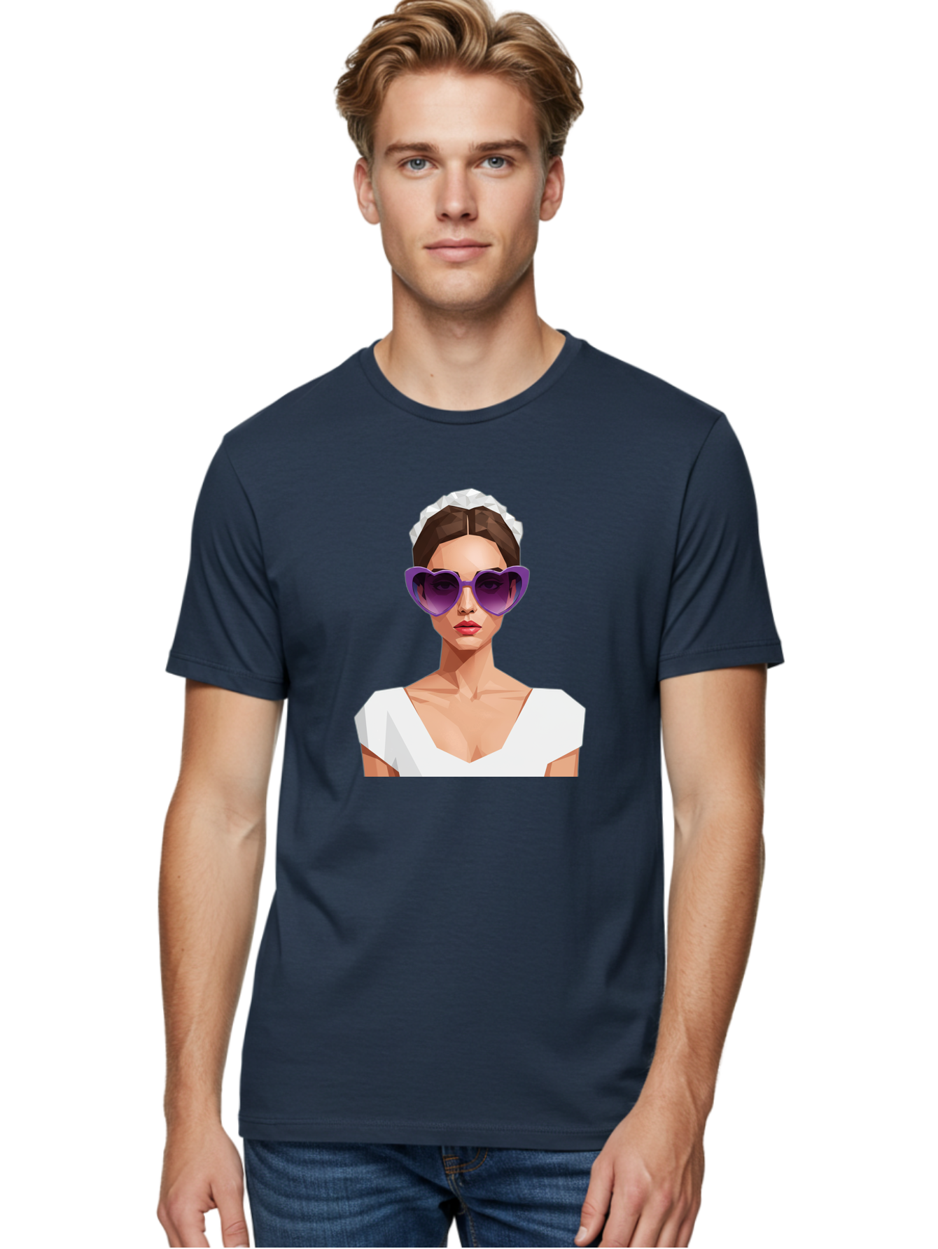 Woman-In-Sunglasses Men'S Graphic Tee, 100% Cotton, Comfortable Casual Summer Wear, Machine Washable, Fashionable Woman, Stylish Sunglasses, Elegant White Dress, Sophisticated Look, Trendy Accessories, Modern Fashion, Purple Shades, Bab592