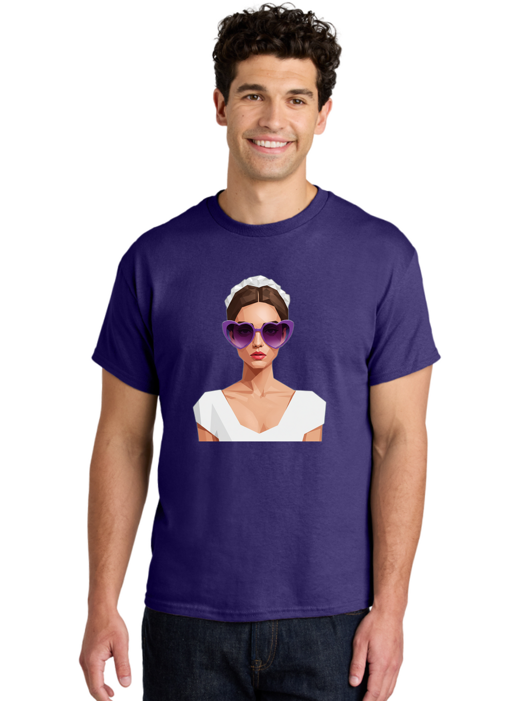 Woman-In-Sunglasses Men'S Graphic Tee, 100% Cotton, Comfortable Casual Summer Wear, Machine Washable, Fashionable Woman, Stylish Sunglasses, Elegant White Dress, Sophisticated Look, Trendy Accessories, Modern Fashion, Purple Shades, Bab592