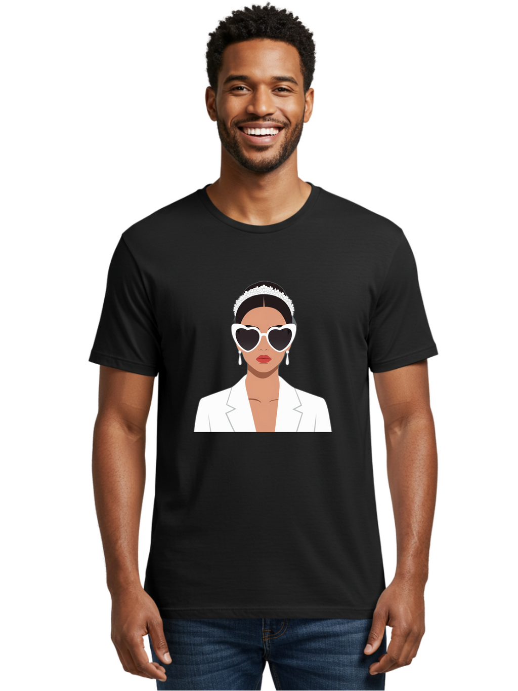 Woman-In-White Men'S Graphic Tee, 100% Cotton, Comfortable Casual Summer Wear, Machine Washable, Fashionable Woman, Heart-Shaped Sunglasses, White Blazer, Elegant Jewelry, Stylish Accessory, Trendy Outfit, Glamorous, Sophisticated Style, Bab593