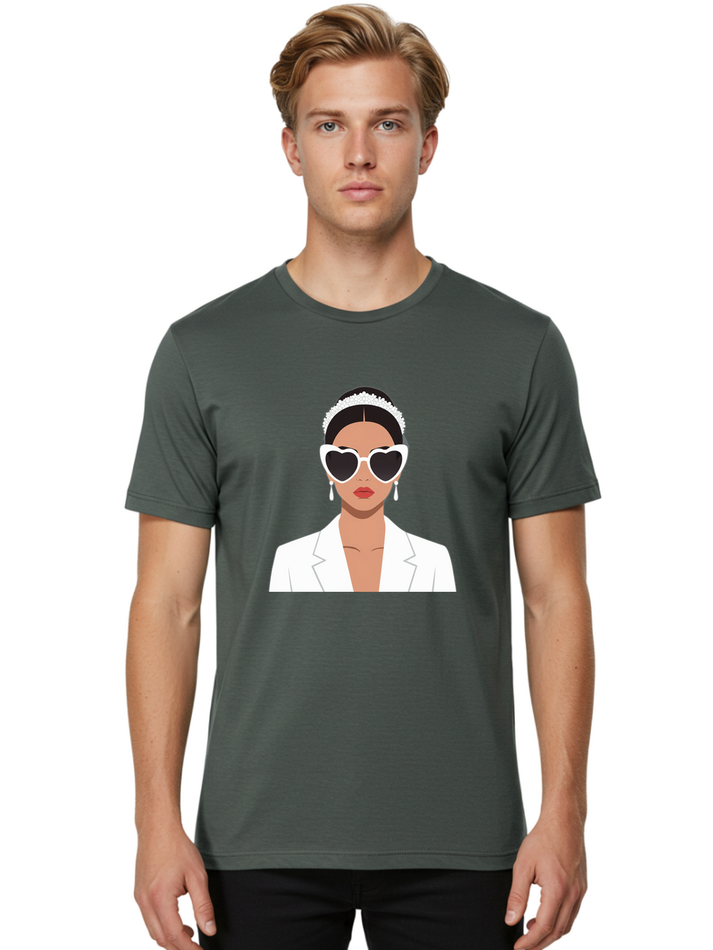 Woman-In-White Men'S Graphic Tee, 100% Cotton, Comfortable Casual Summer Wear, Machine Washable, Fashionable Woman, Heart-Shaped Sunglasses, White Blazer, Elegant Jewelry, Stylish Accessory, Trendy Outfit, Glamorous, Sophisticated Style, Bab593