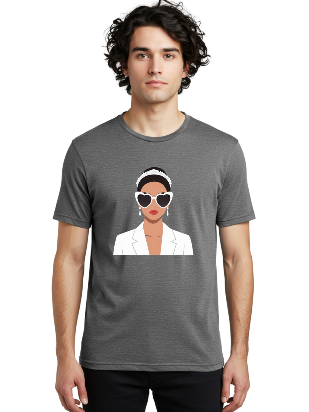 Woman-In-White Men'S Graphic Tee, 100% Cotton, Comfortable Casual Summer Wear, Machine Washable, Fashionable Woman, Heart-Shaped Sunglasses, White Blazer, Elegant Jewelry, Stylish Accessory, Trendy Outfit, Glamorous, Sophisticated Style, Bab593