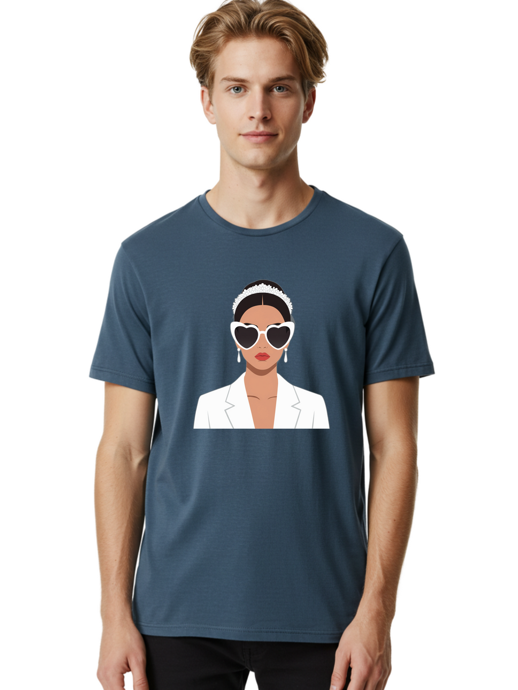 Woman-In-White Men'S Graphic Tee, 100% Cotton, Comfortable Casual Summer Wear, Machine Washable, Fashionable Woman, Heart-Shaped Sunglasses, White Blazer, Elegant Jewelry, Stylish Accessory, Trendy Outfit, Glamorous, Sophisticated Style, Bab593