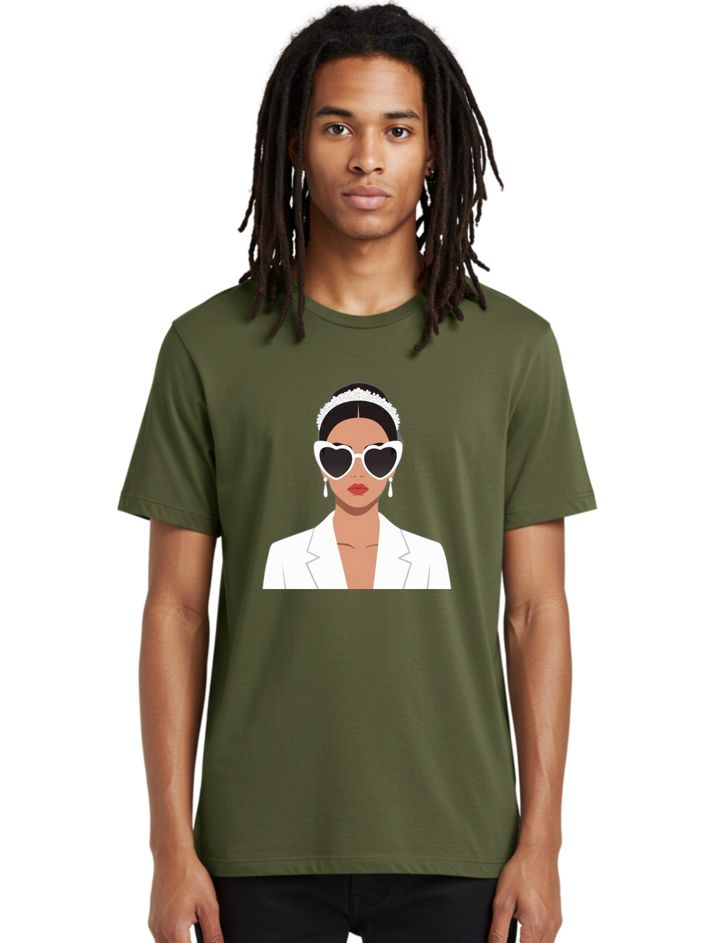 Woman-In-White Men'S Graphic Tee, 100% Cotton, Comfortable Casual Summer Wear, Machine Washable, Fashionable Woman, Heart-Shaped Sunglasses, White Blazer, Elegant Jewelry, Stylish Accessory, Trendy Outfit, Glamorous, Sophisticated Style, Bab593