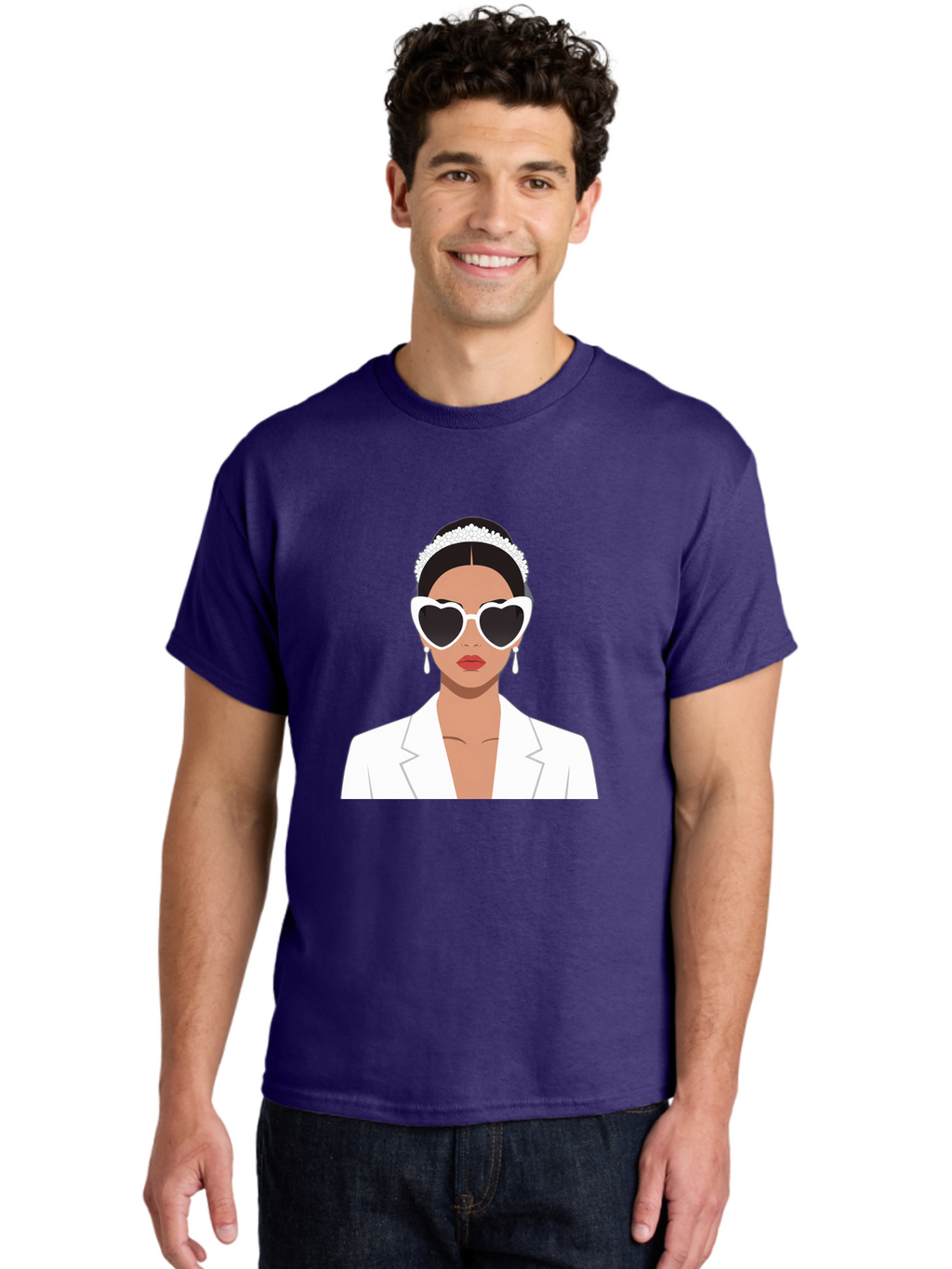Woman-In-White Men'S Graphic Tee, 100% Cotton, Comfortable Casual Summer Wear, Machine Washable, Fashionable Woman, Heart-Shaped Sunglasses, White Blazer, Elegant Jewelry, Stylish Accessory, Trendy Outfit, Glamorous, Sophisticated Style, Bab593
