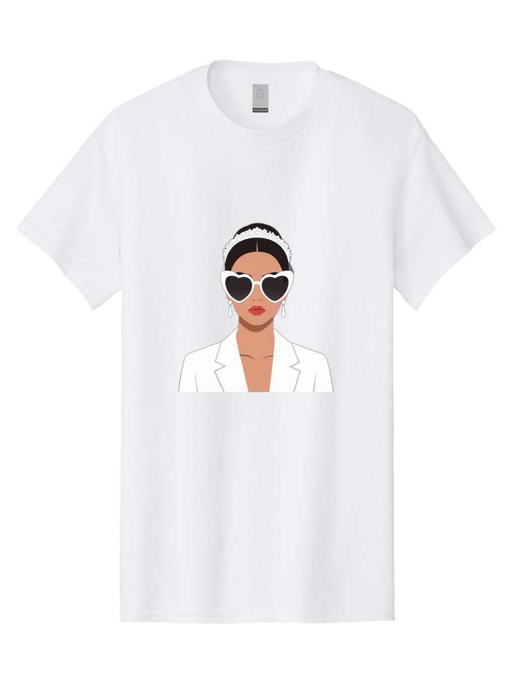 Woman-In-White Men'S Graphic Tee, 100% Cotton, Comfortable Casual Summer Wear, Machine Washable, Fashionable Woman, Heart-Shaped Sunglasses, White Blazer, Elegant Jewelry, Stylish Accessory, Trendy Outfit, Glamorous, Sophisticated Style, Bab593