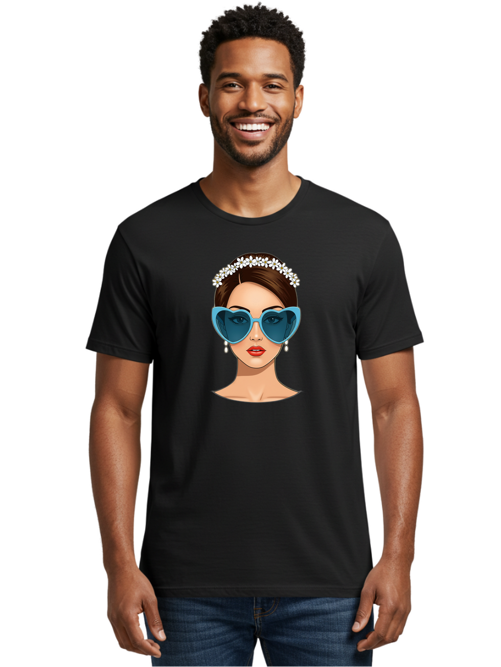 Woman-With-Heart-Shaped-Sunglasses Men'S Graphic Tee, 100% Cotton, Comfortable Casual Summer Wear, Machine Washable, Cartoon Woman, Heart-Shaped Sunglasses, Red Lips, White Floral Headband, Dangling Earrings, Pop Art Style, Bab594