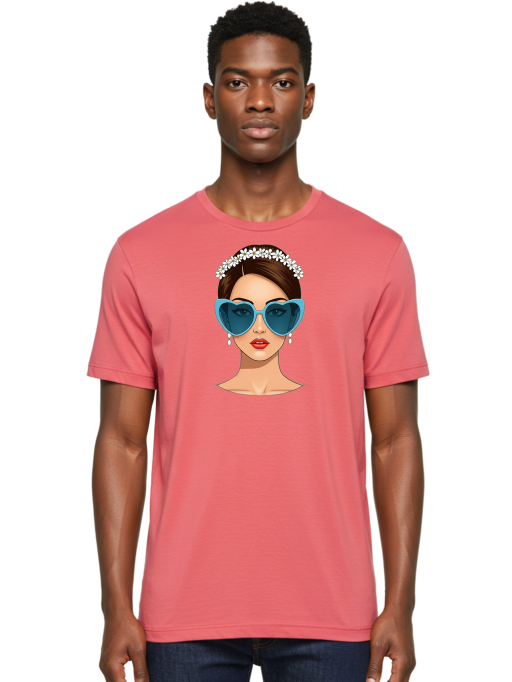 Woman-With-Heart-Shaped-Sunglasses Men'S Graphic Tee, 100% Cotton, Comfortable Casual Summer Wear, Machine Washable, Cartoon Woman, Heart-Shaped Sunglasses, Red Lips, White Floral Headband, Dangling Earrings, Pop Art Style, Bab594