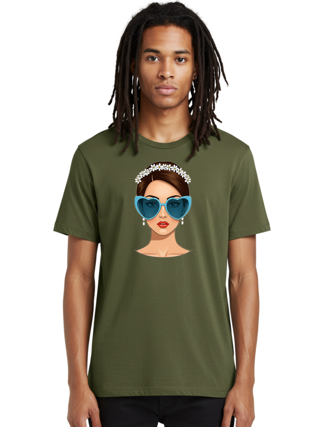 Woman-With-Heart-Shaped-Sunglasses Men'S Graphic Tee, 100% Cotton, Comfortable Casual Summer Wear, Machine Washable, Cartoon Woman, Heart-Shaped Sunglasses, Red Lips, White Floral Headband, Dangling Earrings, Pop Art Style, Bab594