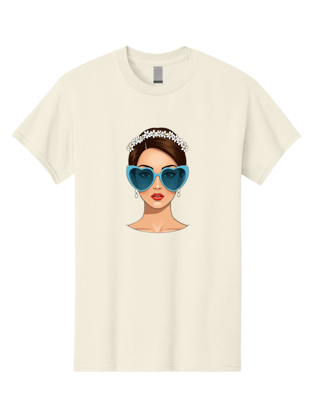 Woman-With-Heart-Shaped-Sunglasses Men'S Graphic Tee, 100% Cotton, Comfortable Casual Summer Wear, Machine Washable, Cartoon Woman, Heart-Shaped Sunglasses, Red Lips, White Floral Headband, Dangling Earrings, Pop Art Style, Bab594