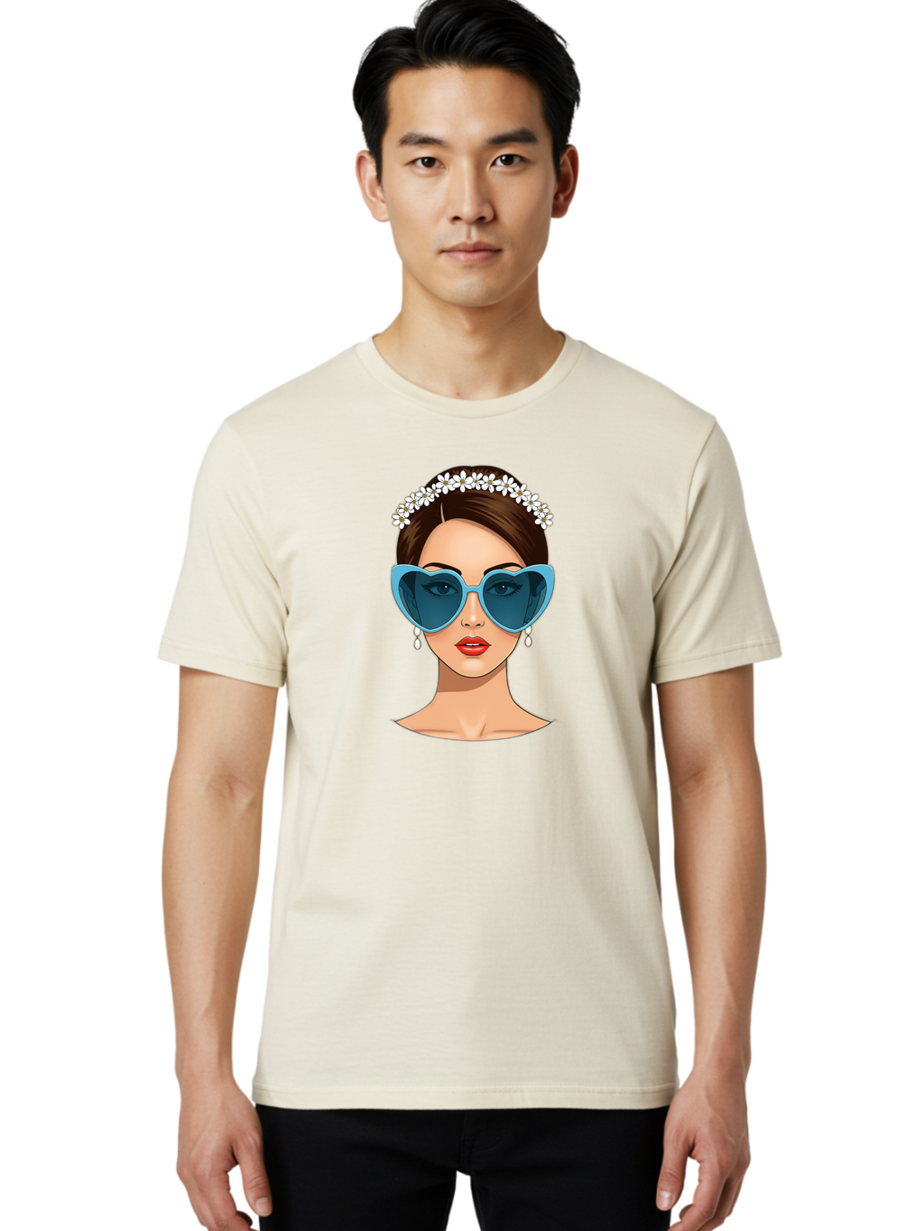 Woman-With-Heart-Shaped-Sunglasses Men'S Graphic Tee, 100% Cotton, Comfortable Casual Summer Wear, Machine Washable, Cartoon Woman, Heart-Shaped Sunglasses, Red Lips, White Floral Headband, Dangling Earrings, Pop Art Style, Bab594
