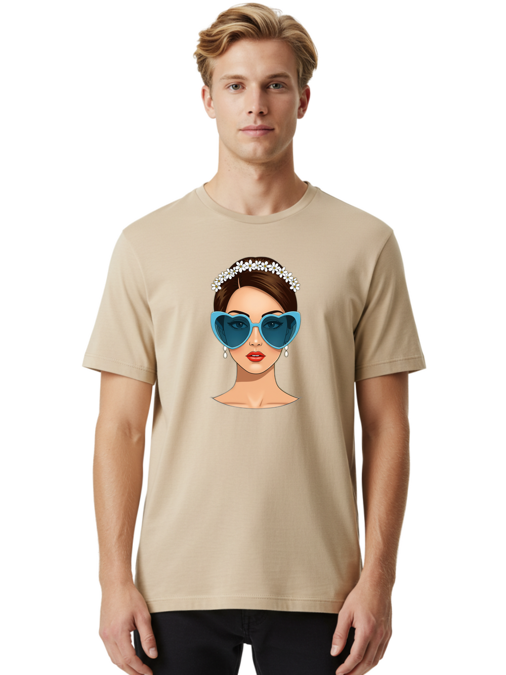 Woman-With-Heart-Shaped-Sunglasses Men'S Graphic Tee, 100% Cotton, Comfortable Casual Summer Wear, Machine Washable, Cartoon Woman, Heart-Shaped Sunglasses, Red Lips, White Floral Headband, Dangling Earrings, Pop Art Style, Bab594