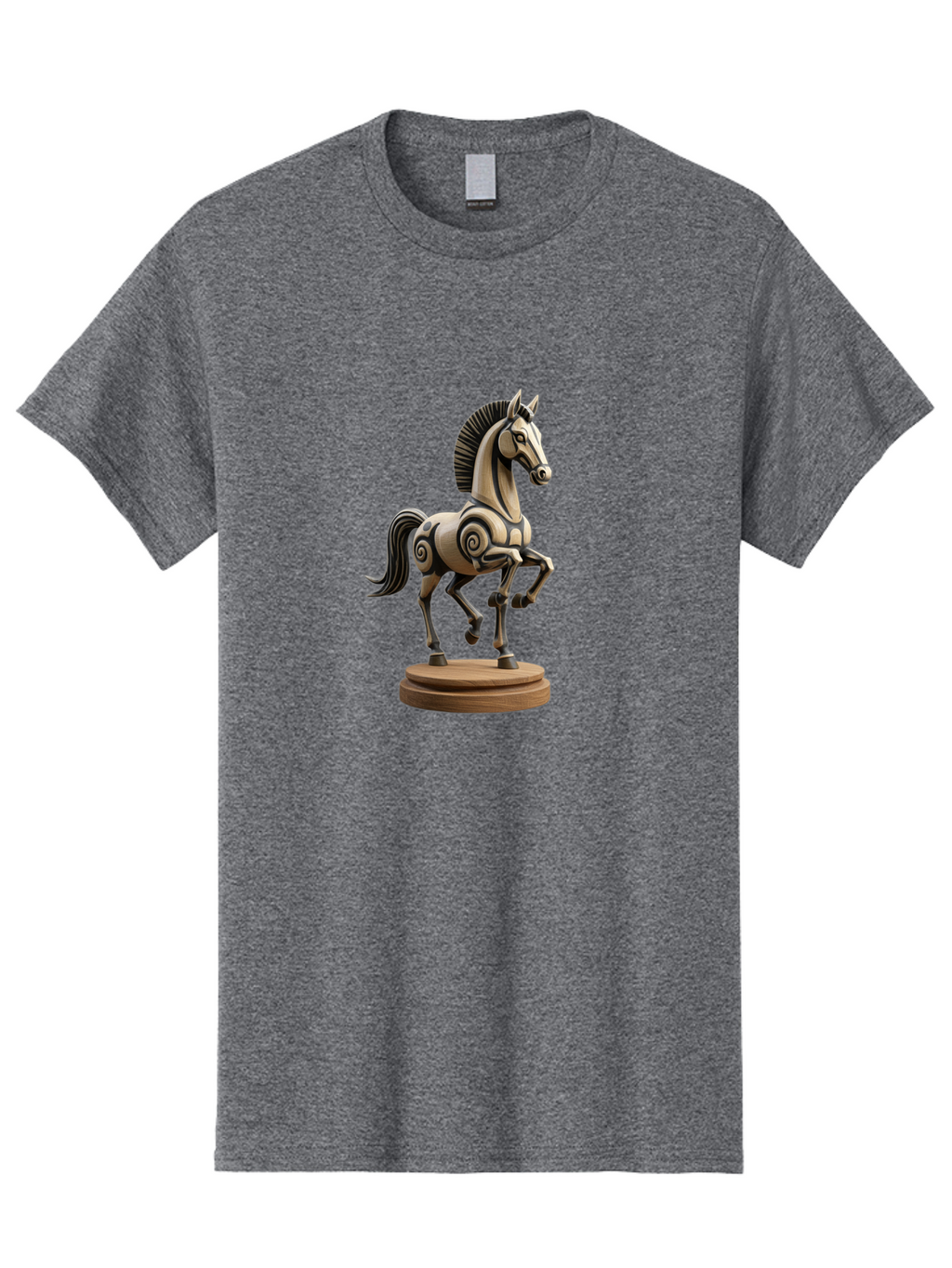 Wooden-Horse-Statue Men'S Graphic Tee, 100% Cotton, Comfortable Casual Summer Wear, Machine Washable, Mechanical Horse, Wooden Horse, Figurine, Horse Sculpture, Decorative Art, Spiral Patterns, Wooden Craftsmanship, Horse Figurine, Bab595