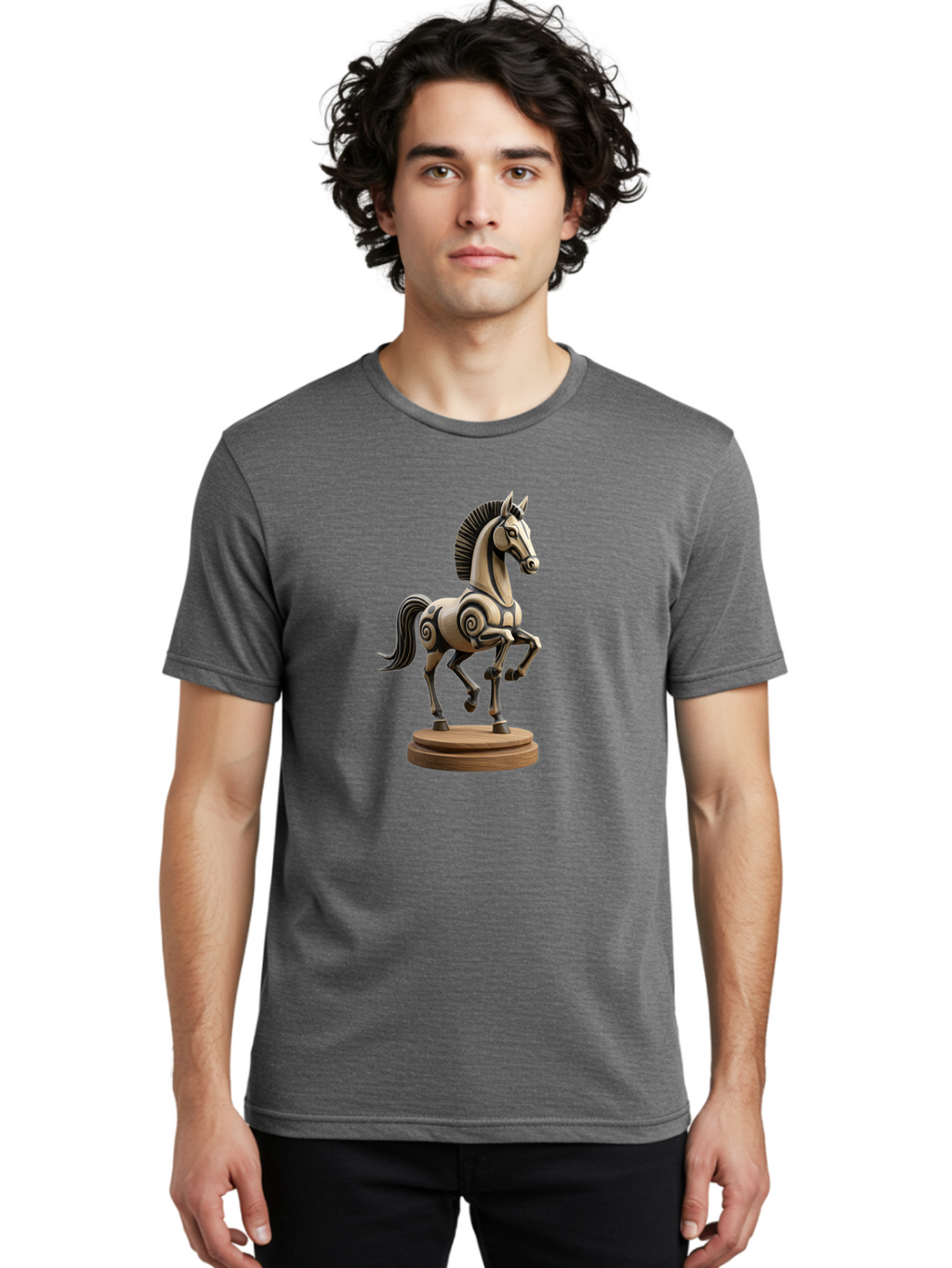 Wooden-Horse-Statue Men'S Graphic Tee, 100% Cotton, Comfortable Casual Summer Wear, Machine Washable, Mechanical Horse, Wooden Horse, Figurine, Horse Sculpture, Decorative Art, Spiral Patterns, Wooden Craftsmanship, Horse Figurine, Bab595
