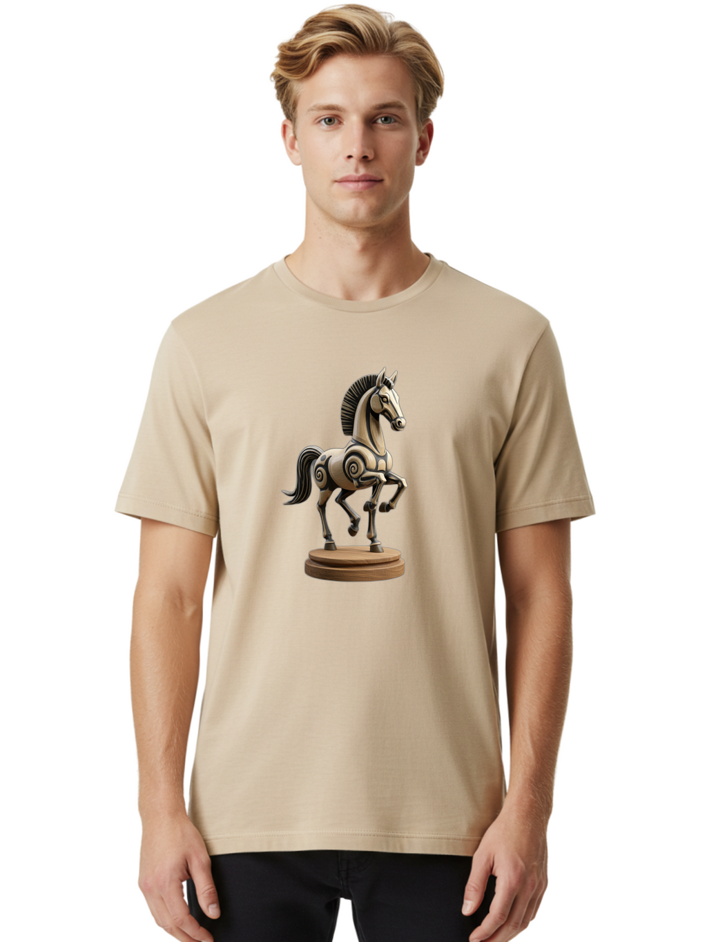 Wooden-Horse-Statue Men'S Graphic Tee, 100% Cotton, Comfortable Casual Summer Wear, Machine Washable, Mechanical Horse, Wooden Horse, Figurine, Horse Sculpture, Decorative Art, Spiral Patterns, Wooden Craftsmanship, Horse Figurine, Bab595