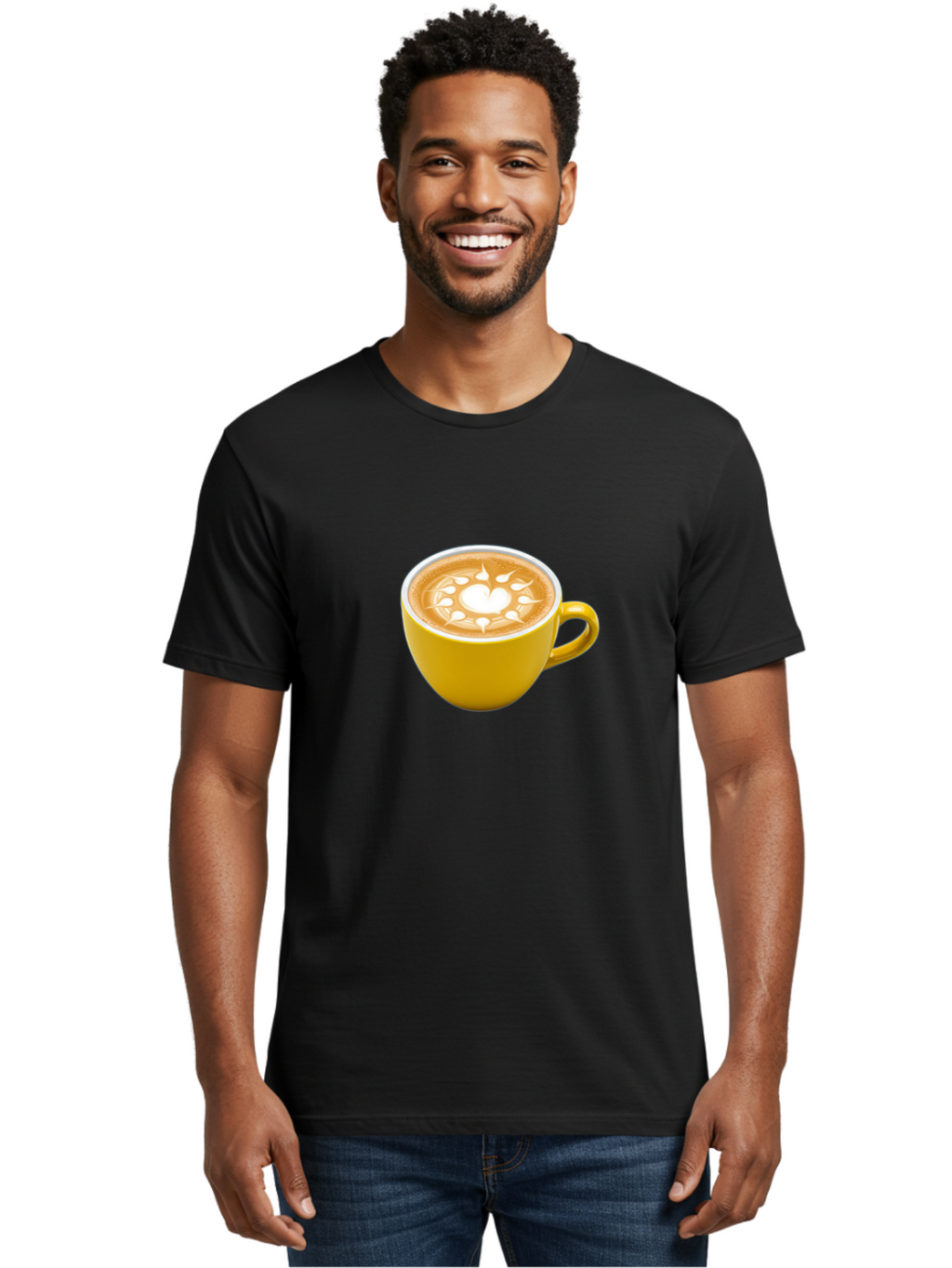 Yellow-Coffee-Cup Men'S Graphic Tee, 100% Cotton, Comfortable Casual Summer Wear, Machine Washable, Cappuccino Coffee, Latte Art, Yellow Mug, Coffee Drink, Foamy Texture, Sun Design, Heart-Shaped Pattern, Morning Coffee, Coffee Culture, Bab599