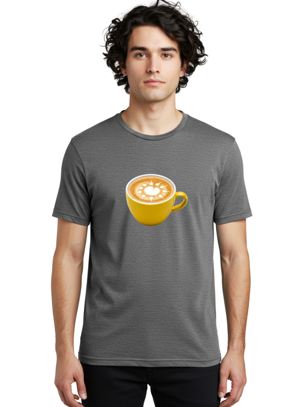 Yellow-Coffee-Cup Men'S Graphic Tee, 100% Cotton, Comfortable Casual Summer Wear, Machine Washable, Cappuccino Coffee, Latte Art, Yellow Mug, Coffee Drink, Foamy Texture, Sun Design, Heart-Shaped Pattern, Morning Coffee, Coffee Culture, Bab599