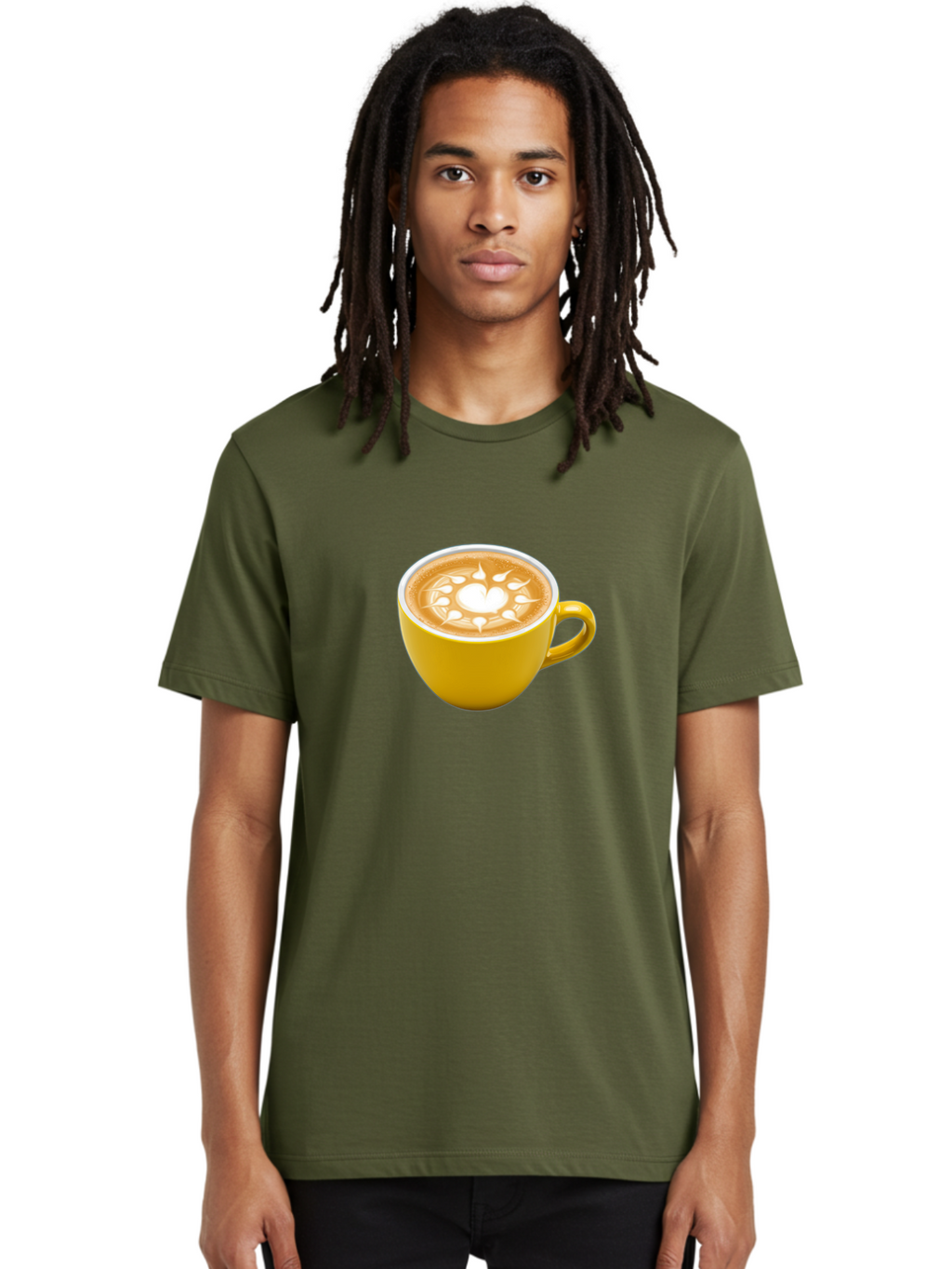 Yellow-Coffee-Cup Men'S Graphic Tee, 100% Cotton, Comfortable Casual Summer Wear, Machine Washable, Cappuccino Coffee, Latte Art, Yellow Mug, Coffee Drink, Foamy Texture, Sun Design, Heart-Shaped Pattern, Morning Coffee, Coffee Culture, Bab599