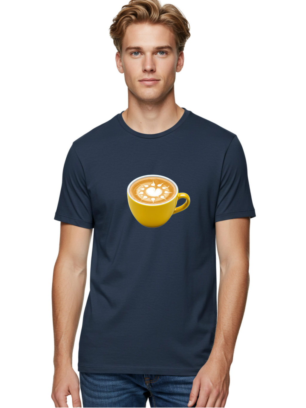 Yellow-Coffee-Cup Men'S Graphic Tee, 100% Cotton, Comfortable Casual Summer Wear, Machine Washable, Cappuccino Coffee, Latte Art, Yellow Mug, Coffee Drink, Foamy Texture, Sun Design, Heart-Shaped Pattern, Morning Coffee, Coffee Culture, Bab599