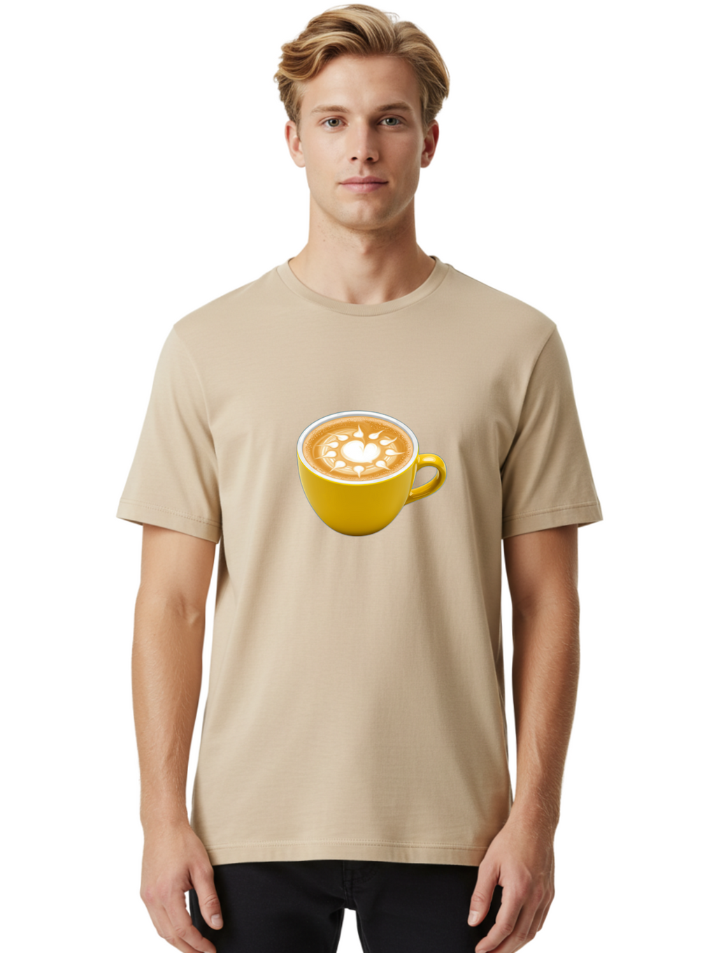 Yellow-Coffee-Cup Men'S Graphic Tee, 100% Cotton, Comfortable Casual Summer Wear, Machine Washable, Cappuccino Coffee, Latte Art, Yellow Mug, Coffee Drink, Foamy Texture, Sun Design, Heart-Shaped Pattern, Morning Coffee, Coffee Culture, Bab599