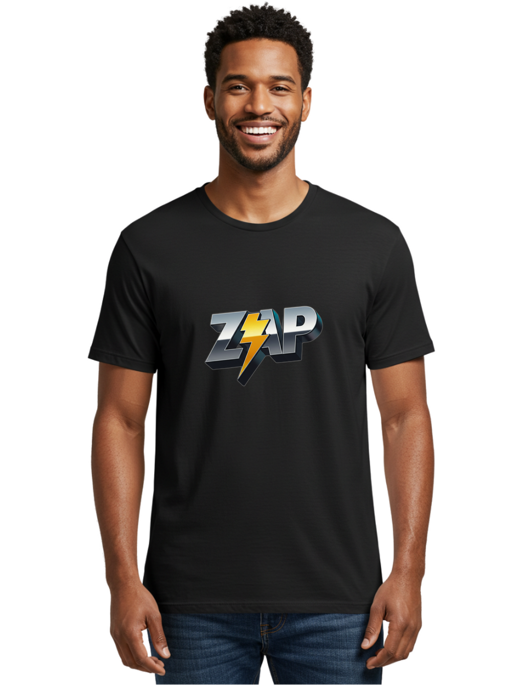 Zap Men'S Graphic Tee, 100% Cotton, Comfortable Casual Summer Wear, Machine Washable, Electrifying Logo, Bold Typography, Dynamic Design, Lightning Bolt, Modern Graphics, Energetic Vibe, Trendy Aesthetics, Silver And Gold Colors, 3D Effect, Bab600