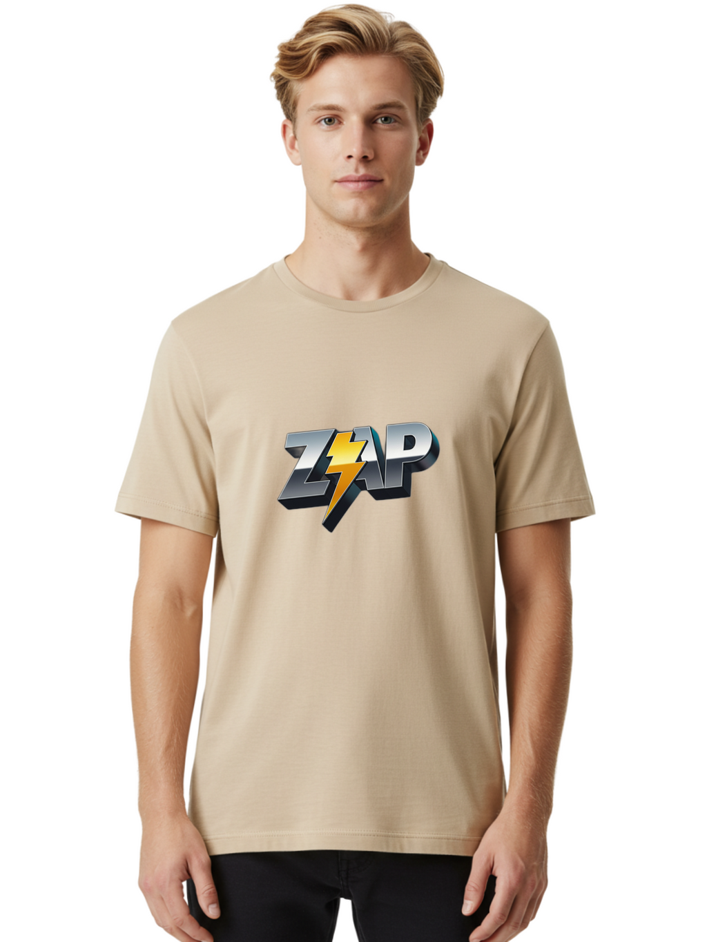 Zap Men'S Graphic Tee, 100% Cotton, Comfortable Casual Summer Wear, Machine Washable, Electrifying Logo, Bold Typography, Dynamic Design, Lightning Bolt, Modern Graphics, Energetic Vibe, Trendy Aesthetics, Silver And Gold Colors, 3D Effect, Bab600