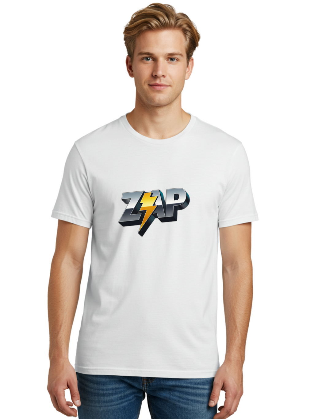 Zap Men'S Graphic Tee, 100% Cotton, Comfortable Casual Summer Wear, Machine Washable, Electrifying Logo, Bold Typography, Dynamic Design, Lightning Bolt, Modern Graphics, Energetic Vibe, Trendy Aesthetics, Silver And Gold Colors, 3D Effect, Bab600