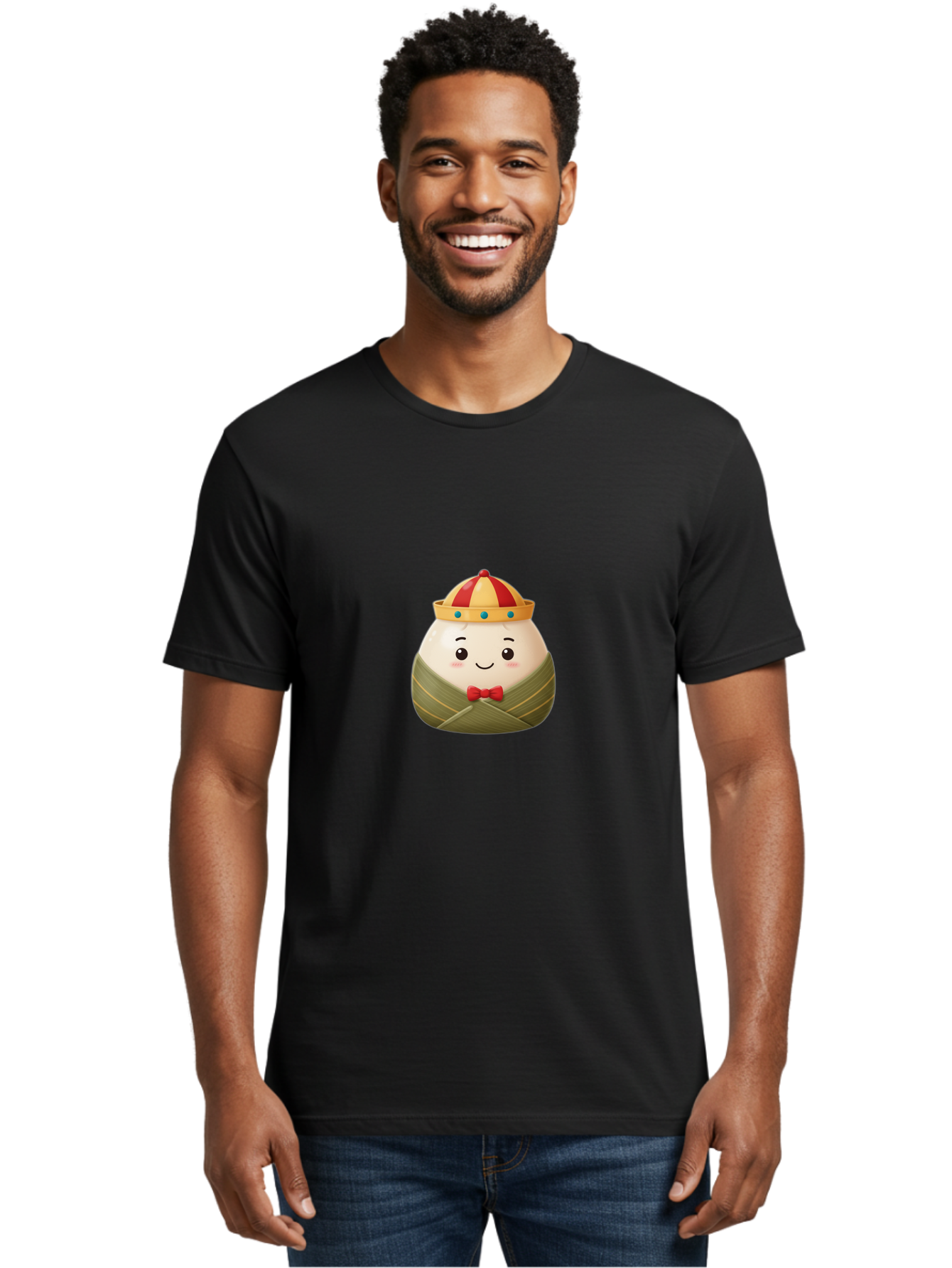 Zongzi-2 Men'S Graphic Tee, 100% Cotton, Comfortable Casual Summer Wear, Machine Washable, Bakra Wong, Cartoon Character, Dumpling, Steamed Bun, Red Bow Tie, Yellow Crown, Red And Yellow Hat, Blue Gems, Kawaii, Cute, Smiling Face, Bab603