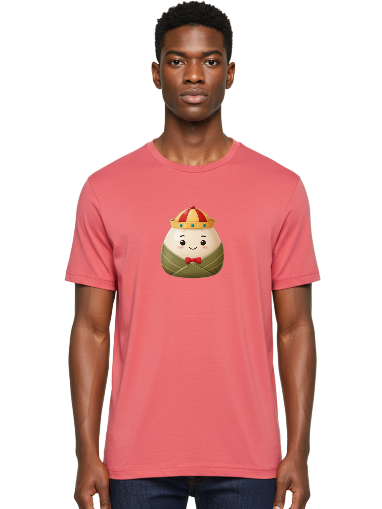 Zongzi-2 Men'S Graphic Tee, 100% Cotton, Comfortable Casual Summer Wear, Machine Washable, Bakra Wong, Cartoon Character, Dumpling, Steamed Bun, Red Bow Tie, Yellow Crown, Red And Yellow Hat, Blue Gems, Kawaii, Cute, Smiling Face, Bab603