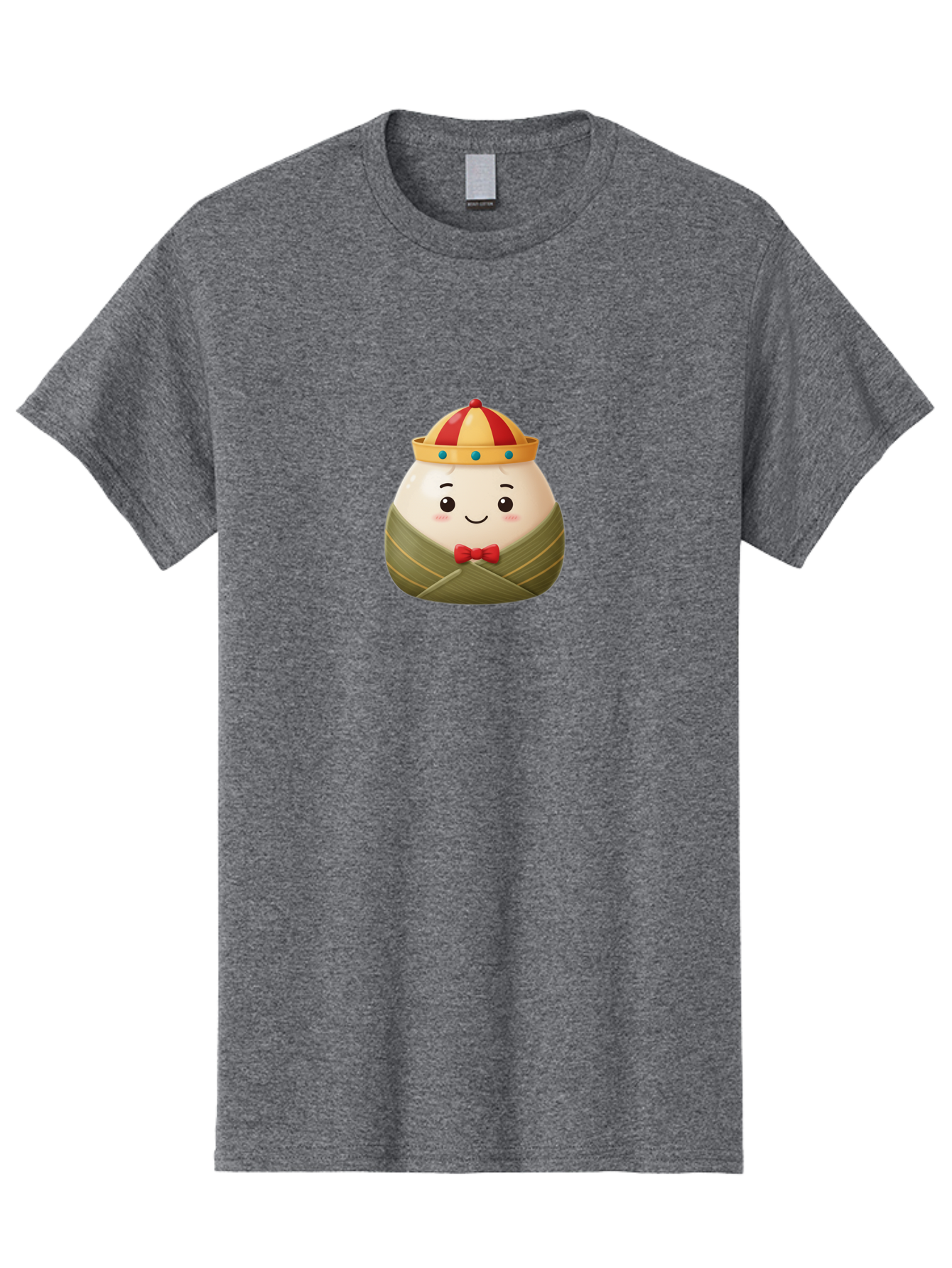 Zongzi-2 Men'S Graphic Tee, 100% Cotton, Comfortable Casual Summer Wear, Machine Washable, Bakra Wong, Cartoon Character, Dumpling, Steamed Bun, Red Bow Tie, Yellow Crown, Red And Yellow Hat, Blue Gems, Kawaii, Cute, Smiling Face, Bab603