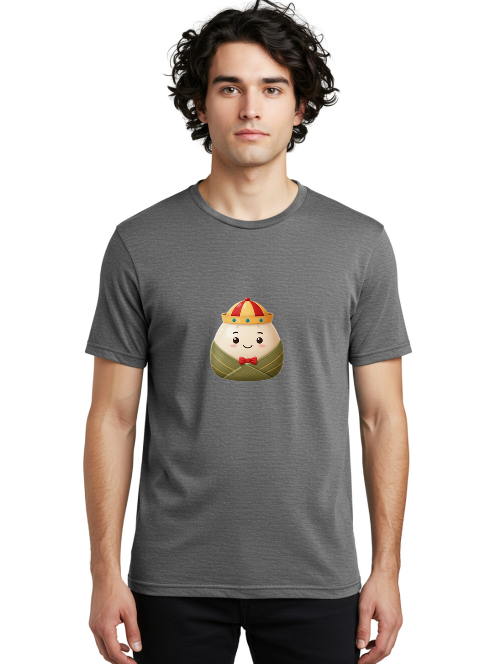 Zongzi-2 Men'S Graphic Tee, 100% Cotton, Comfortable Casual Summer Wear, Machine Washable, Bakra Wong, Cartoon Character, Dumpling, Steamed Bun, Red Bow Tie, Yellow Crown, Red And Yellow Hat, Blue Gems, Kawaii, Cute, Smiling Face, Bab603
